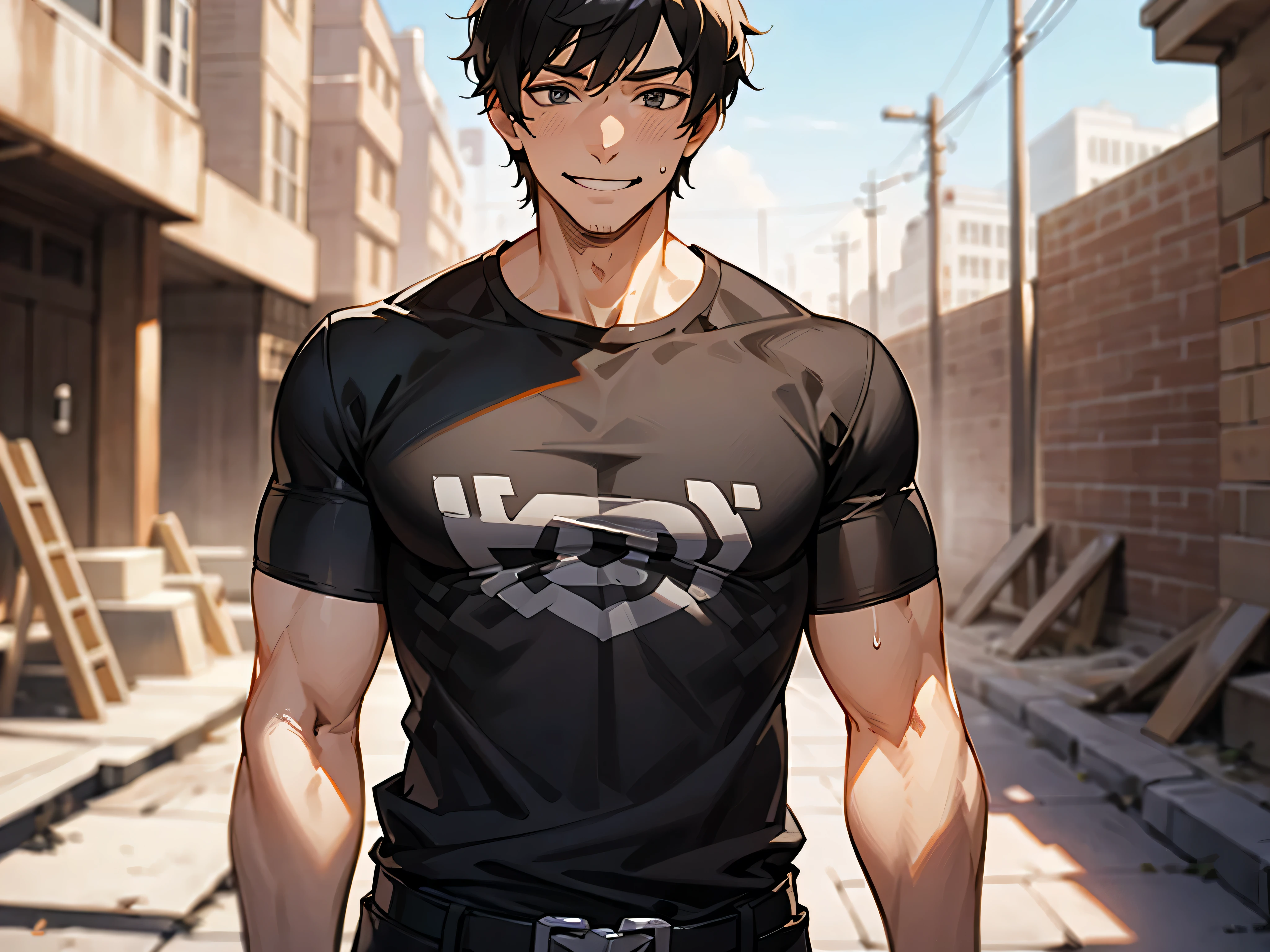 Uncle,upscaled,grinning evily,despise,1 man, Short black hair,Uncle ,Thin macho, Black shirt, standing in the sun, , I have a brick in my hand, Sweat,constructionyardai