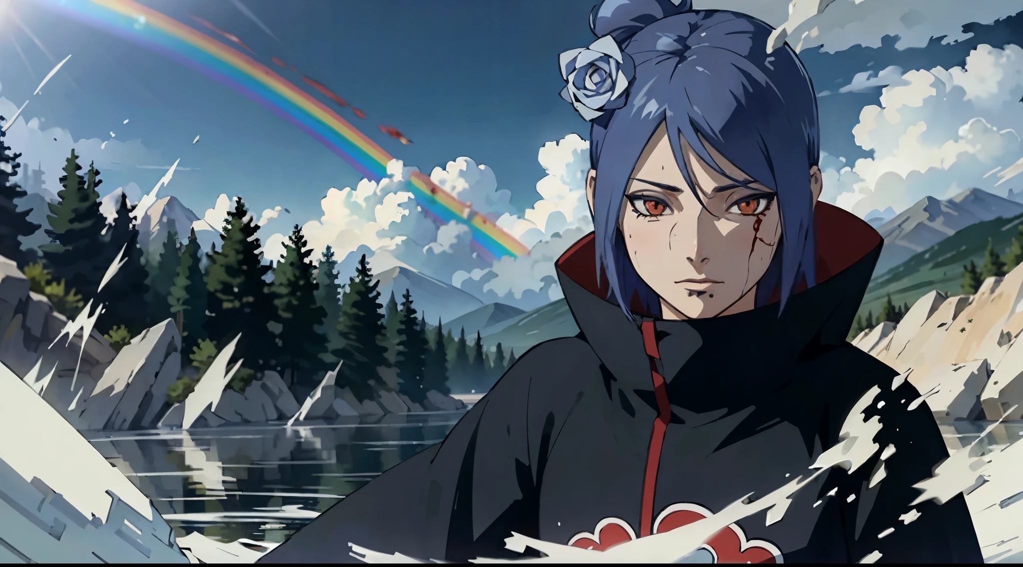 absurdreest quality), (masterpiece),(ultra-detailed:1.2),(photorealistic:1.1),(highres),
1girl,(injury:1.1),(blood:1.1),
konan \(naruto\), (akatsuki outfit:1.1), labret piercing, (:1.2),
ripples,swirling ,rainbow,