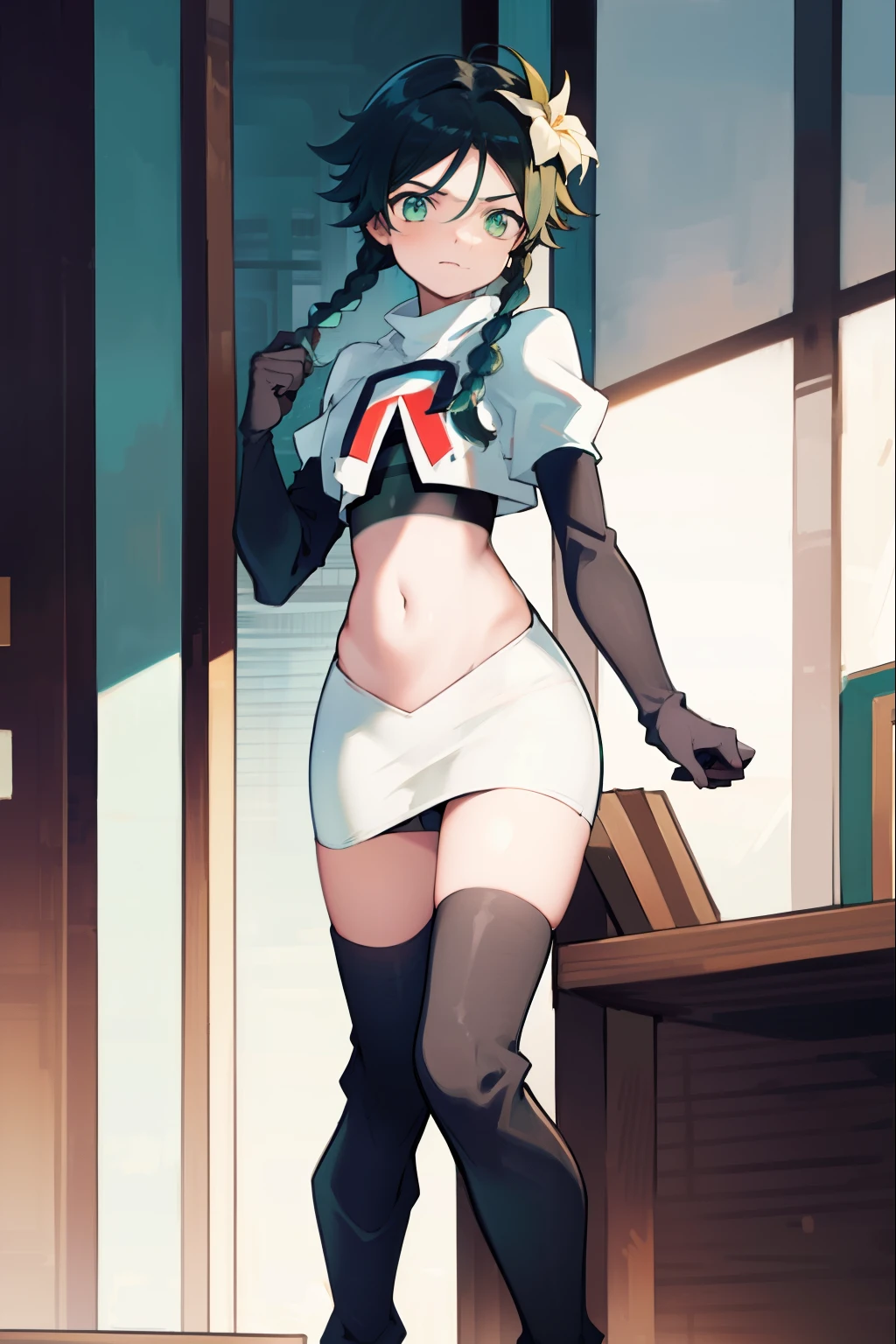 absurdres,venti,1boy, male focus, trap,black hair, green-blue hair, hair braid,hair flower,aqua green eyes,crossdressing,1boy,team rocket,team rocket uniform,white skirt,red letter R,crop top,black thigh-high boots,black elbow gloves,
