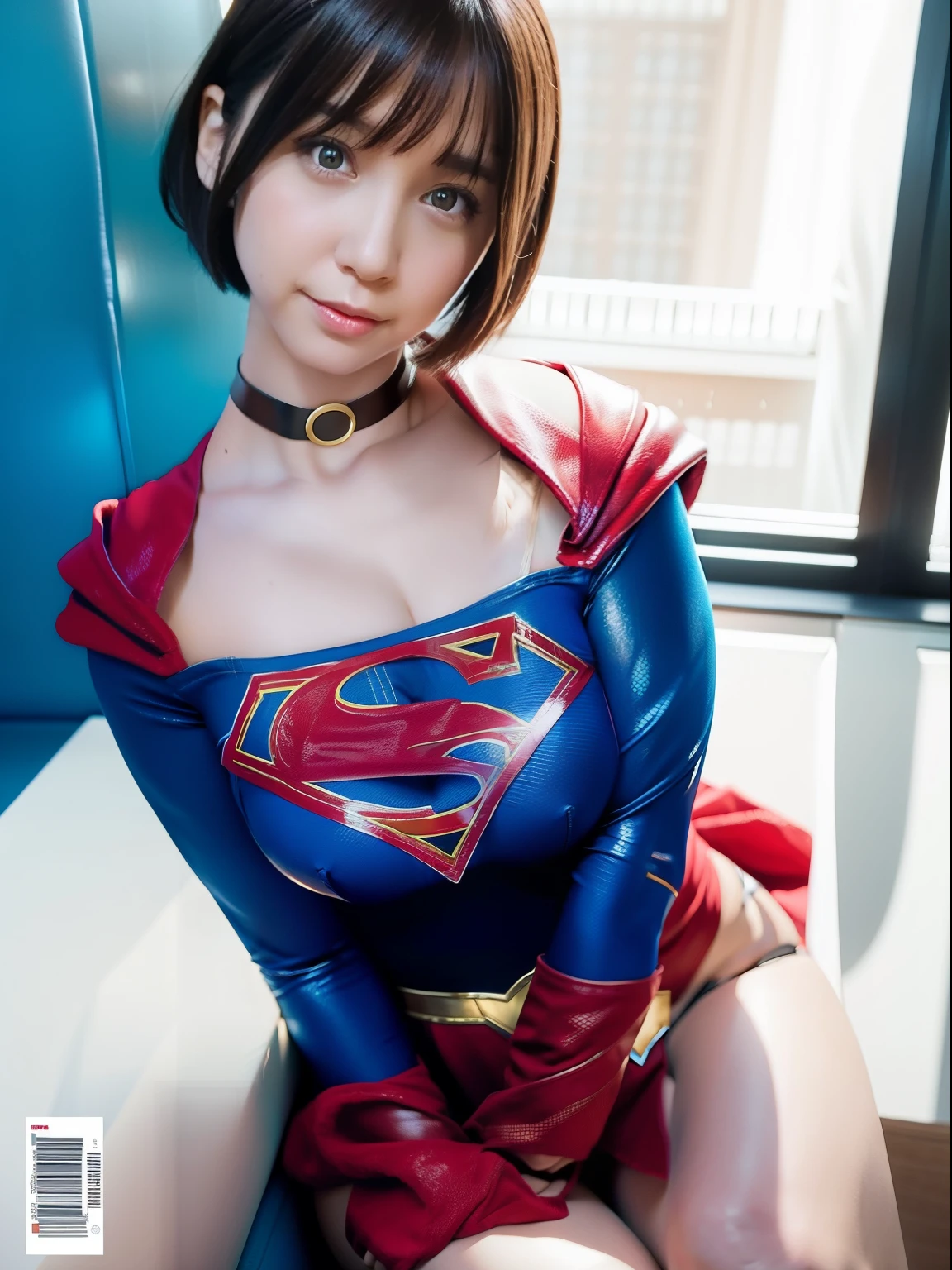 ​masterpiece、Short-haired Supergirl sits on the examination table and shows off her legs for the camera.、Looking at the camera、a choker、bare-legged、Weekly magazine cover、Cheerful pose、a miniskirt、Enamel costume、Large open legs、Colossal tits、Plump、long-sleeve、waving red cloak