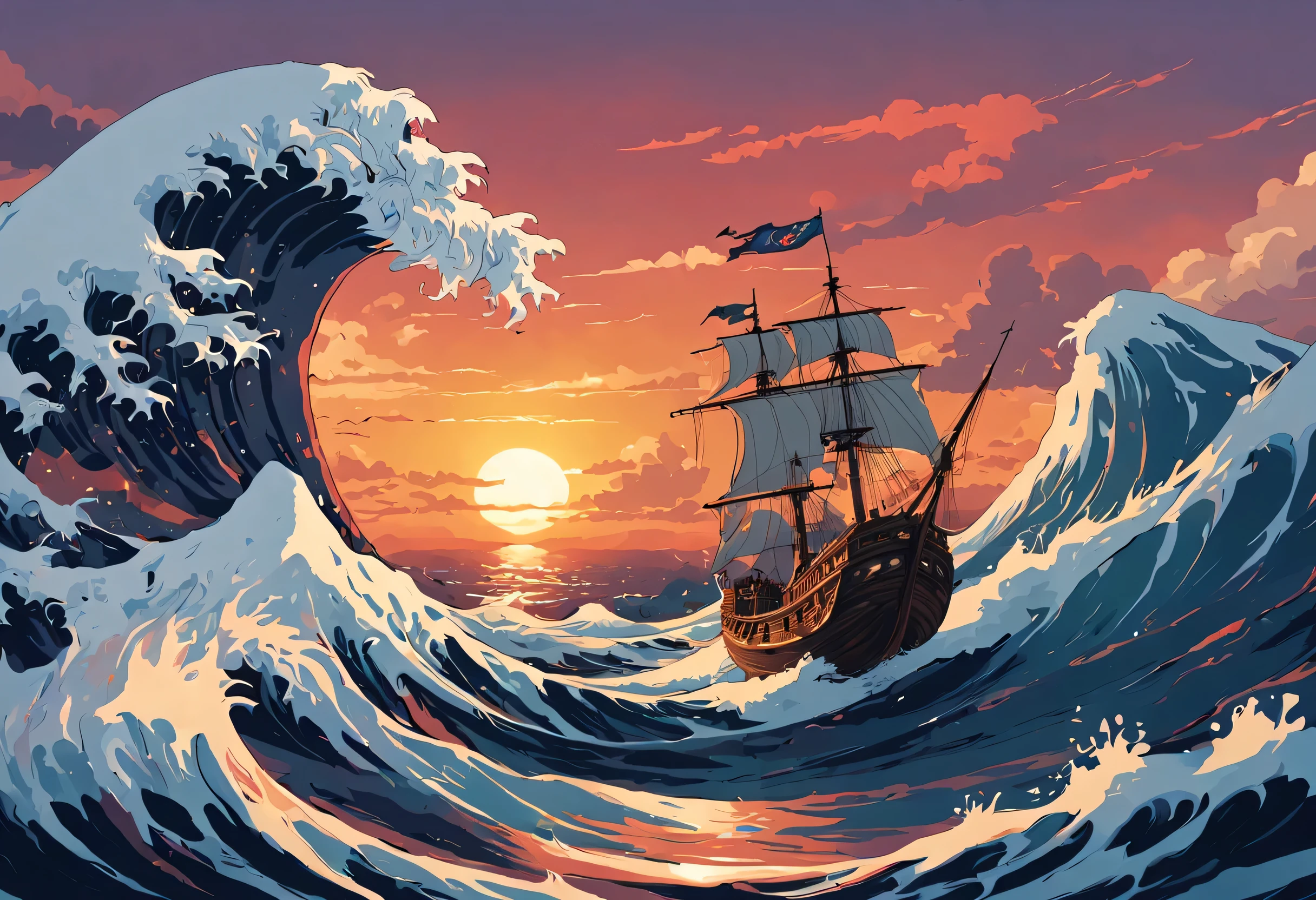 ccxl-mucha, art style, / Magic the Gathering Art / illustrative style / painting of a galleon and the great wave of kanagawa with a sunset in the background, by Alena Aenami, 4 k hd illustrative wallpaper, art of alena aenami, 4 k hd wallpaper illustration, detailed painting 4 k, 4k highly detailed digital art, 4k detailed digital art, artistic. / studio ghibli style, sweeping waves, flowing contours, illustrative style