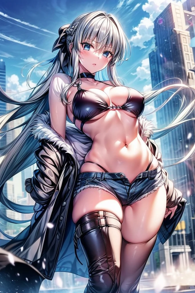 (Enrich the picture,Masterpiece level quality)Beautiful 8K CG artwork,1girl,solo,morgan le fay (fate),detailed face, perfect face, perfect eyes,blue eyes,Long Hair, pony tail,Very long hair, big boob, black bow,Hair Bow, thights,side locks, French braid, grey hair,chuckle,Slim and soft,big breasts,Black Bikini,denim short shorts,open shorts,oversized white fur coat,white coat,hands in pocket,combat boots,