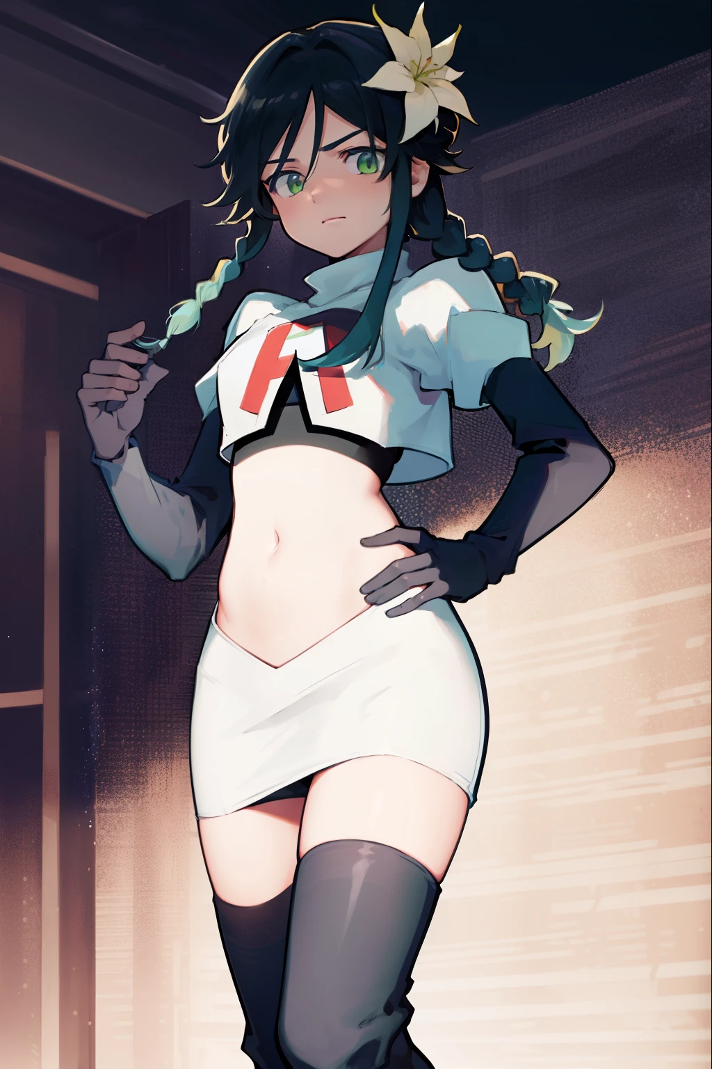 absurdres,venti,1boy, male focus, trap,black hair, green-blue hair, hair braid,hair flower,aqua green eyes,crossdressing,1boy,team rocket,team rocket uniform,white skirt,red letter R,crop top,black thigh-high boots,black elbow gloves, shy