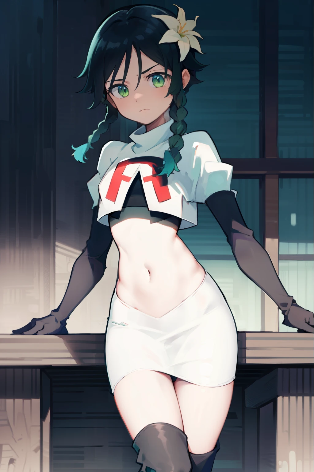 absurdres,venti,1boy, male focus, trap,black hair, green-blue hair, hair braid,hair flower,aqua green eyes,crossdressing,1boy,team rocket,team rocket uniform,white skirt,red letter R,crop top,black thigh-high boots,black elbow gloves, shy