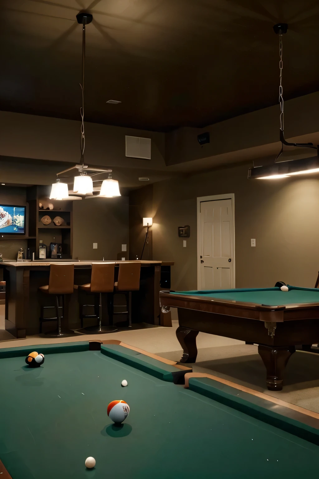 This image depicts a game room, specifically a recreation room with indoor games and sports. The main focus of the room is a pool table, which can be seen in the center of the image. The pool table has balls scattered on its surface, indicating that it has recently been used for gameplay. Surrounding the pool table are various pieces of furniture, including chairs and stools for seating. The walls of the room are painted in shades of brown and there is a distinct accent color of dark teal throughout the space.

The overall atmosphere of this game room is one of leisure and relaxation. It appears to be an indoor space, as there are no visible windows or natural light sources. However, artificial lighting provides ample illumination for gameplay and socializing within this cozy environment.

In addition to traditional gaming elements such as the pool table, there are also hints at other forms of entertainment present in this game room. A screenshot from a video game can be seen on one wall, along with what appears to be a jar filled with eggs - perhaps used for another type of tabletop game? There is also a television mounted on one wall, adding to the potential variety of activities available in this space.

Overall, this cartoon-style depiction captures all aspects typically associated with a recreational area dedicated to indoor games and sports: comfortable seating options surrounding central gaming equipment (in this case being primarily focused around billiards), additional forms entertainment displayed throughout the wallspace (such as video games), and an inviting ambiance created by warm colors paired with adequate lighting levels conducive towards both casual conversation between players or more intense competition during gameplay sessions alike
