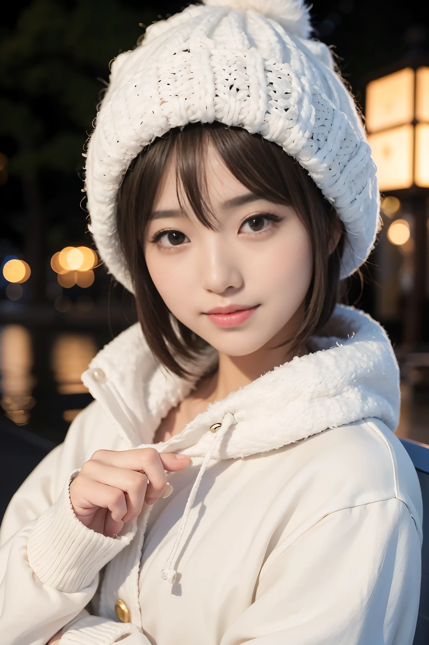 Cute 21 years old Japan、a park、The night view is beautiful、illuminations、Super Detail Face、Shortcut Hair、Eye of Detail、二重まぶた、beautiful thin nose、foco nítido:1.2、prety woman:1.4、(light brown hair,short-haired、)fair white skin、top-quality、masterpiece、超A high resolution、(Photorealsitic:1.4)、A smile、cute and stylish coat、knit hat、Knitted hats、