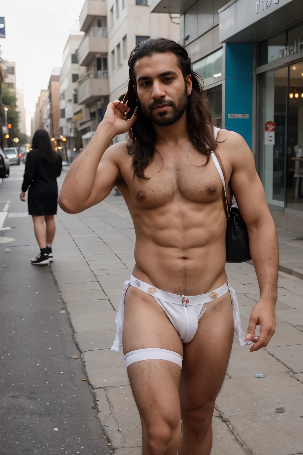 Egyptian hairy man wearing a white piss stained jockstrap walking in the street