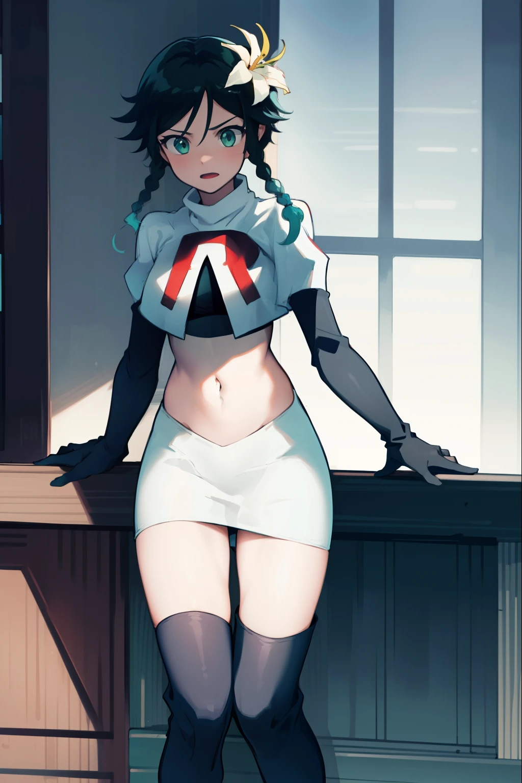 absurdres,venti,1boy, male focus, trap,black hair, green-blue hair, hair braid,hair flower,aqua green eyes,crossdressing,1boy,team rocket,team rocket uniform,white skirt,red letter R,crop top,black thigh-high boots,black elbow gloves, shy
