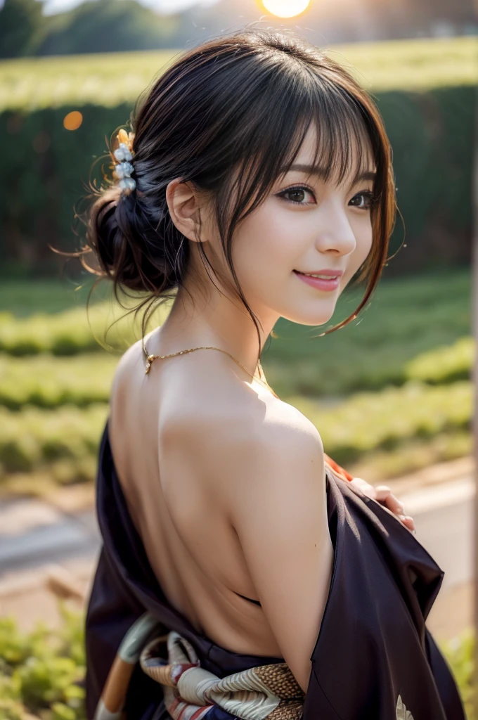 (Photoreal Stick:1.5, masutepiece:1.5, RAW shooting, 8K), (top-quality, masterpiece, 超A high resolution), morning, ((Shoot with blur:1.7)), (fog the lens:1.6), (reflect light onto the lens:1.7), ((sunrises, Sunlight coming in from behind:1.8, morning日の陽光が画面いっぱいに広がる:1.8)), ((morning日の陽光が女性を照らす:1.9)), ((画面全体がmorning日の陽光のせいで白く霞んで見える:1.9)), ((女性はmorning日の陽光でぼんやりして見える:1.9)), Face Sharp Focus:1.3, Professional camera work:1.3, Highly detailed skin and facial texture:1.3, Grow Light Effect, The ultra-detailliert:1.3, 1girl in, Fair skin, (Sense of clarity:1.4, a small face), Extremely beautiful face:1.5, (Sense of clarityを感じる目:0.9, looking distantly), A smile:1.0, i love you completely:0.8, (Slightly open mouth:0.4, Sense of clarityを感じる口当たり:0.7), 二重まぶた, Dark brown medium hair, necklace and earrings, (japanese kimono, off shoulders)