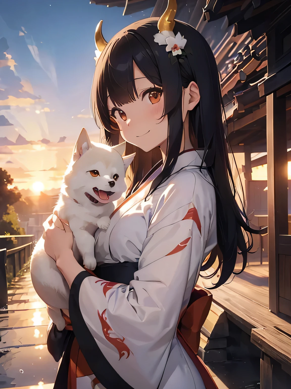 Cute illustration、(1Woman with dark hair、length hair、slim figure、東洋のdragon hornがついたカチューシャ、dragon horn、Kimono)、(holding a white shiba inu)、A smile、Sunrise、Lighting from the side