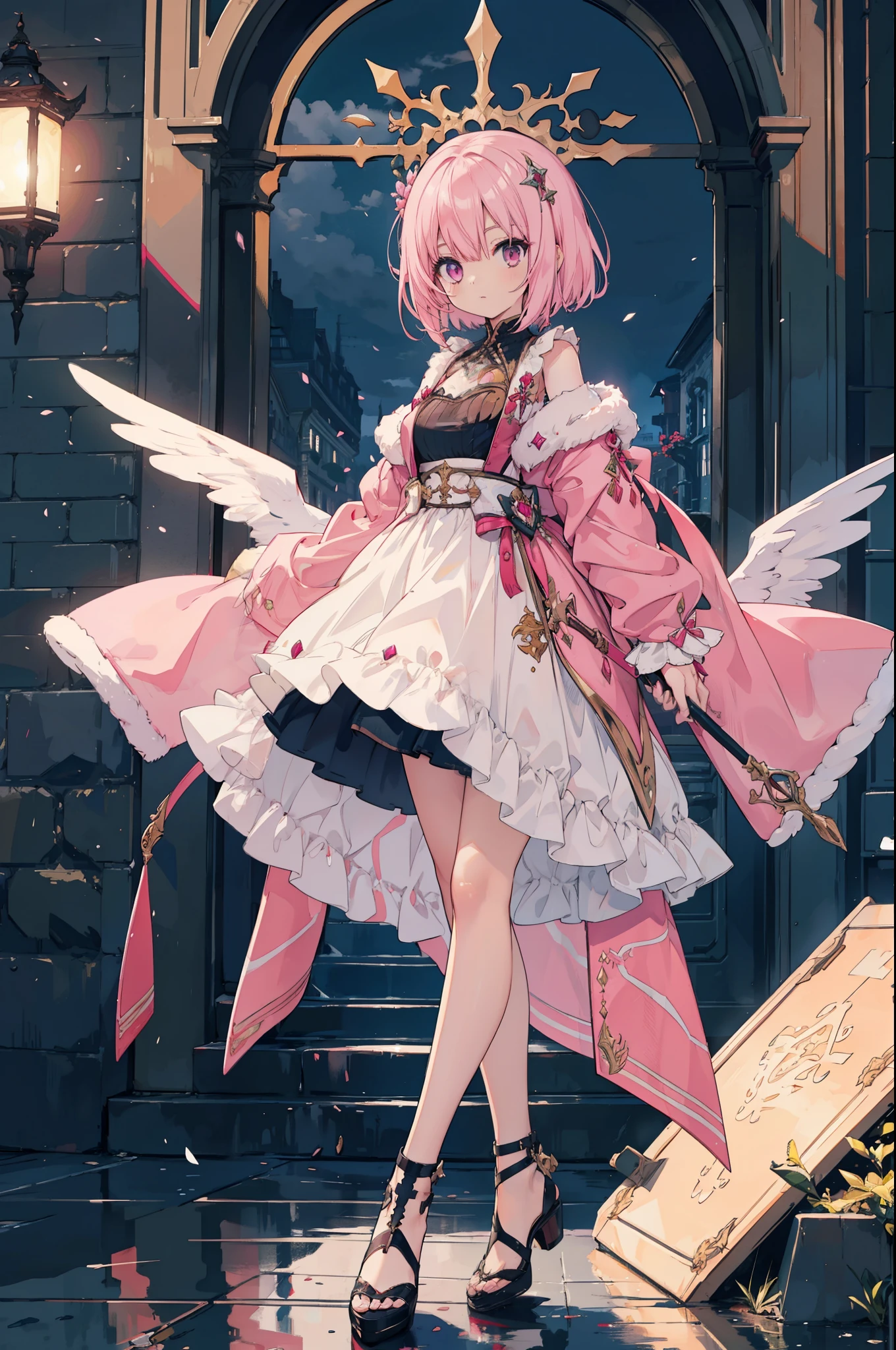 Prompt:-High spec beautiful girl, light pink hair color, short hair, female emperor, pink eyes, Final Fantasy style, full body, high pixel count, high image processing, high image quality, high resolution
