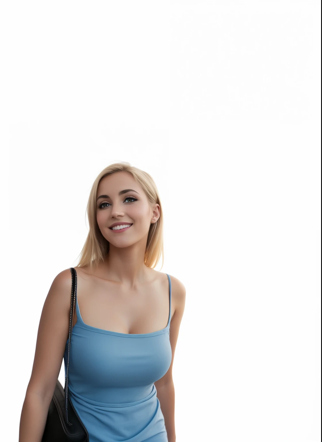 mujer rubia con vestido azul sosteniendo un bolso y sonriendo, frente a un fondo negro, 3/4 busto, standing con fondo negro, Render de Mirabel Madrigal, con fondo negro, Render de abril, She is grinning, sobre fondo negro, Lleva una camiseta negra sin mangas, barbara hammer 4 k, pintado digitalmente