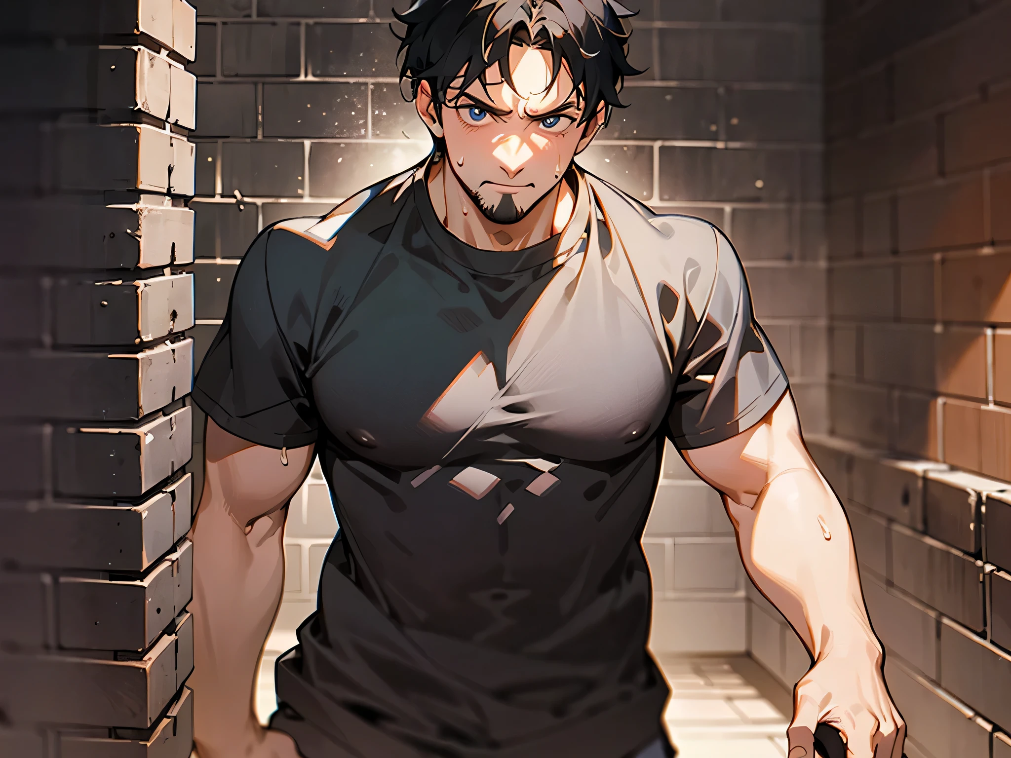 Uncle,upscaled,Evil look,despise,1 man, Short black hair,Uncle ,Thin macho, Black shirt, standing in the sun, , I have a brick in my hand, Sweat,constructionyardai