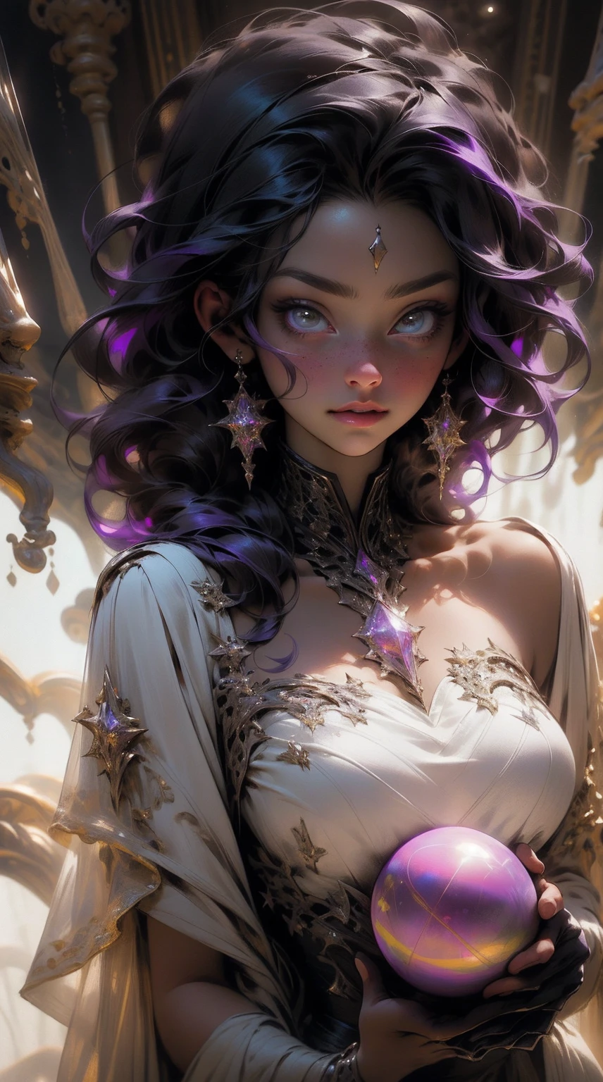 {-erro_de_anatomia:1.0}(Masterpiece - Ultra-Detailed, High Resolution) a woman, beautiful dark sorceress, medium hair, purple hair, cordial dress, with a crystal ball in her handsno nudity, large breasts, beautiful body, beautiful face, merciless, close up face, portrait, looking ahead