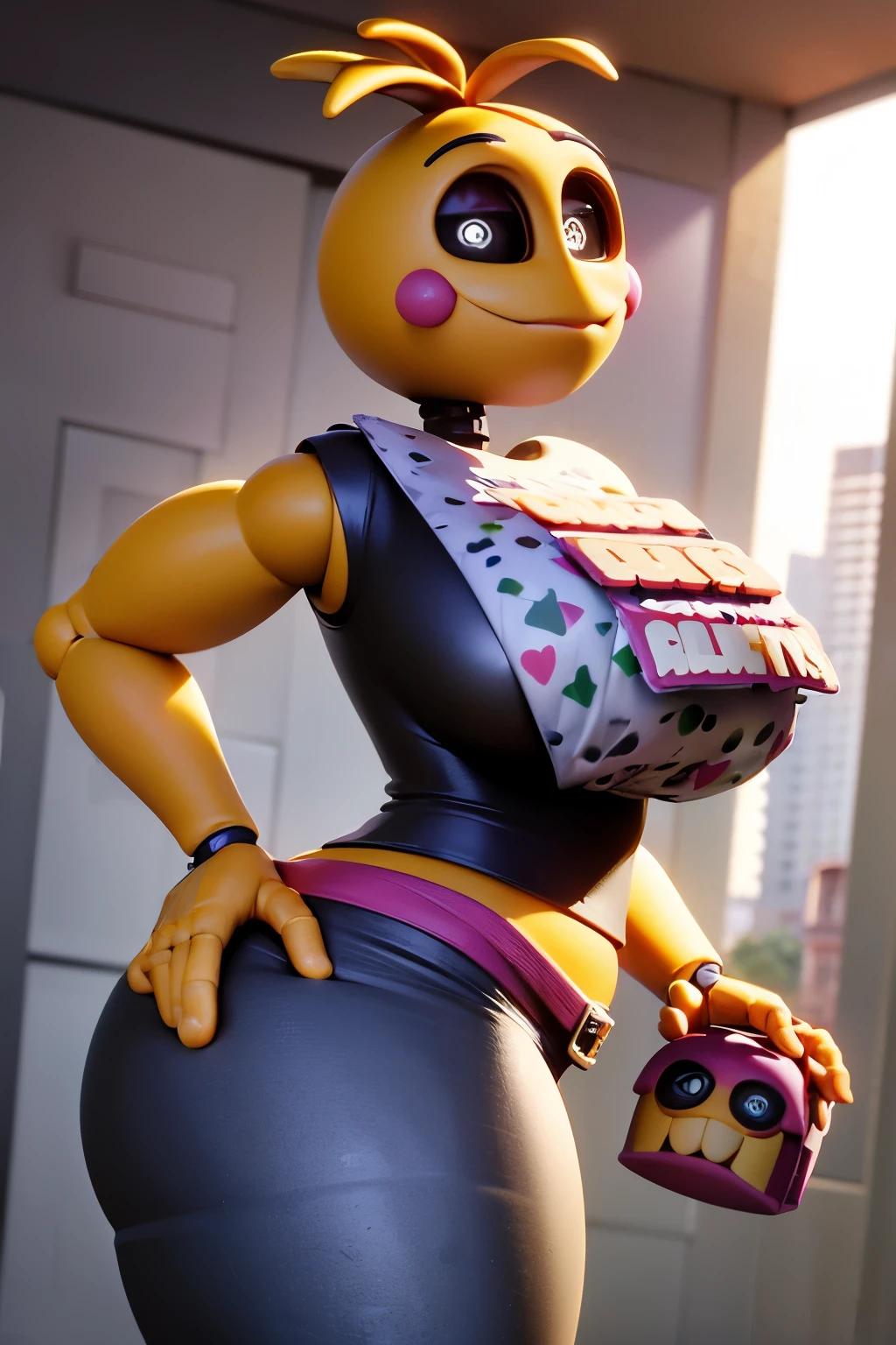 (8k, RAW photos, top quality, masterpiece: 1.2), (High Quality), ray tracing, HDR, (High Details), (Face detail), (Shadow Detail), stylized blush, 3d, 3d renderpov, masterpiece, best quality, high quality, highres, 4K, smile, lip gloss, makeup, beautiful eyes, woman, detailed, cleavage, thick thighs, 1girl, solo, masterpiece, best quality, high quality, highres, 4K, facing forward, navel, Toy Chica, medium breasts, Fnaf, Pizzeria, yellow body, tall, black dress, apron, heart eyes, feversfm, humaniod, orange feet,