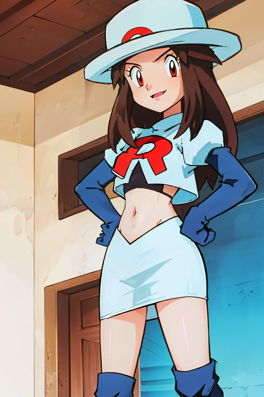 leaf \(pokemon\), hat ,brown eyes ,glossy lips ,team rocket,team rocket uniform, red letter R, white skirt,white crop top,black thigh-high boots, black elbow gloves , looking at viewer, evil smile, hands on hips