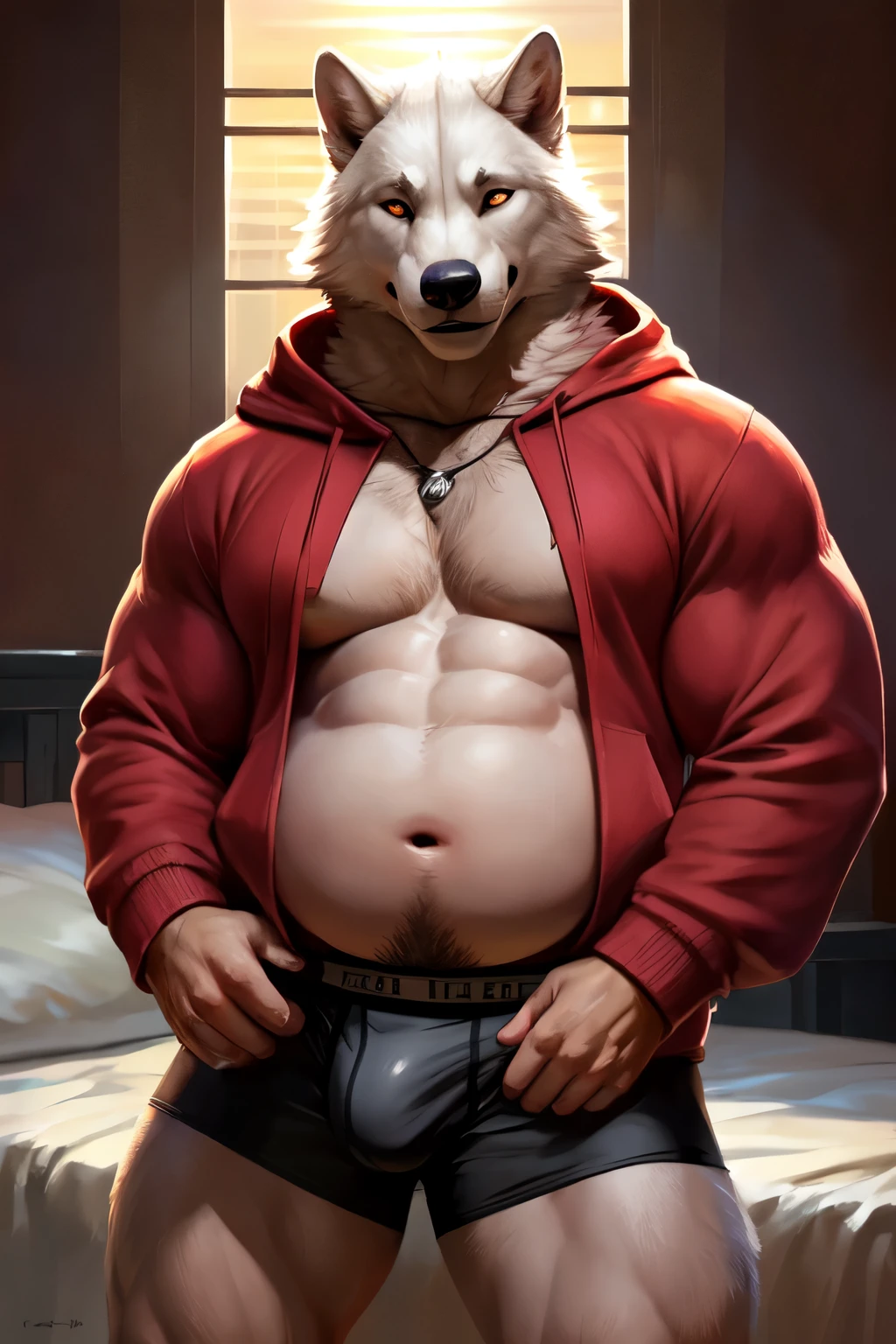 (by null-ghost, by taran fiddler) quality eyes, best quality, ultra detailed, correct anatomy, showing off belly, male, in bed (bedroom enviroment), hand rubbing belly (rubbing belly:1.2), naughty, smirk, white wolf, (wearing black boxer underwear:1.3), (wearing red hoodie:1.3) (showing belly), athletic body, panting, sad expression, huge belly, round muscle belly (abs on muscle belly), chubby belly, bulge, warm lighting, vibrant colors