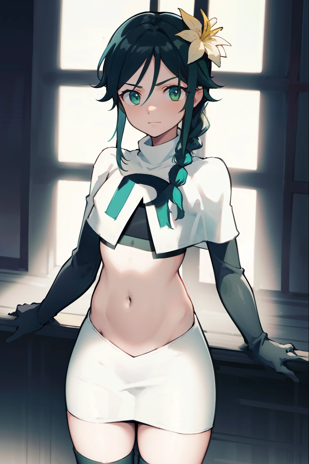 absurdres,venti,1boy, male focus, trap,black hair, green-blue hair, hair braid,hair flower,aqua green eyes,crossdressing,1boy,team rocket,team rocket uniform,white skirt,red letter R,crop top,black thigh-highs,black elbow gloves, embarrassed, blush