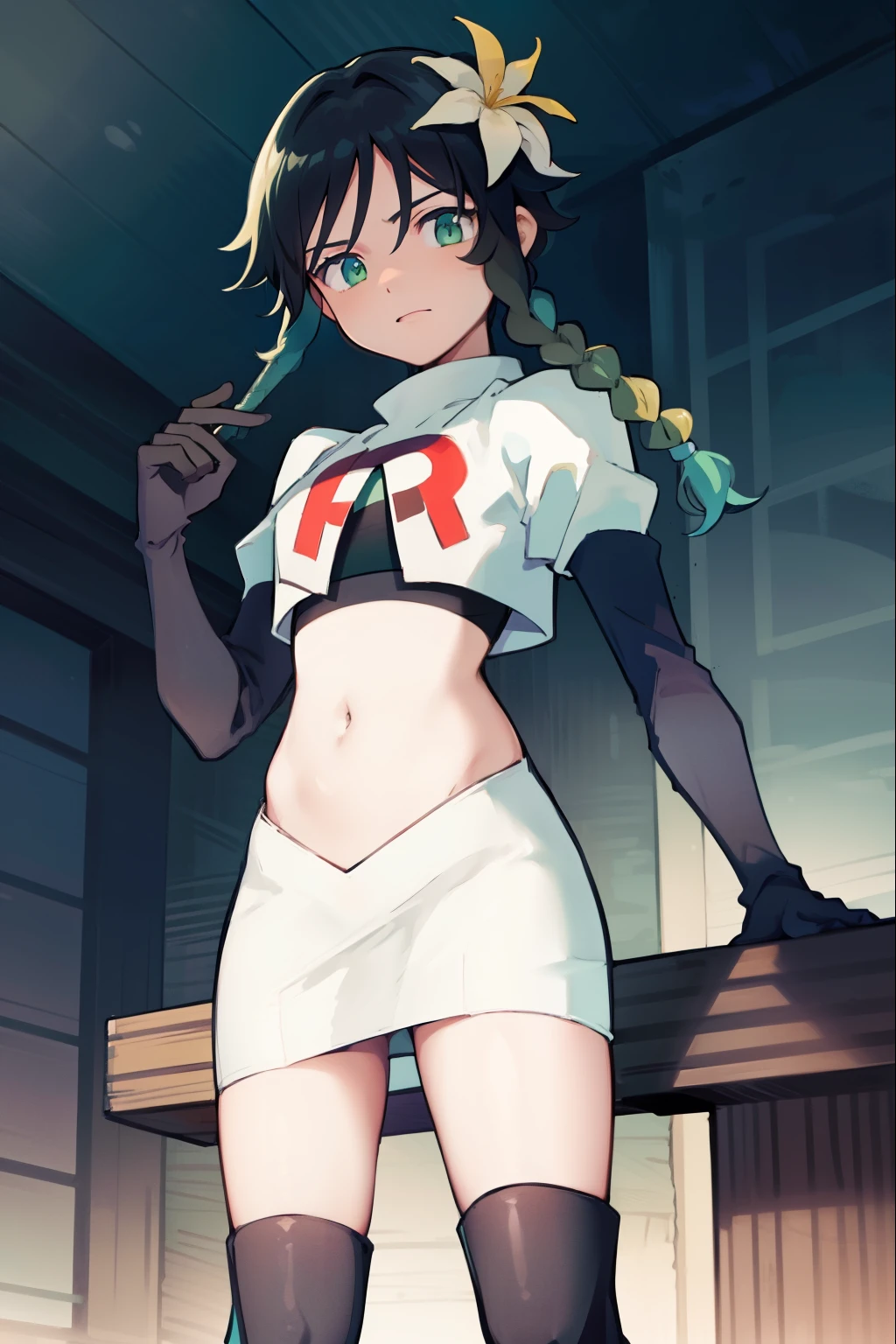 absurdres,venti,1boy, male focus, trap,black hair, green-blue hair, hair braid,hair flower,aqua green eyes,crossdressing,1boy,team rocket,team rocket uniform,white skirt,red letter R,crop top,black thigh-high boots,black elbow gloves, shy