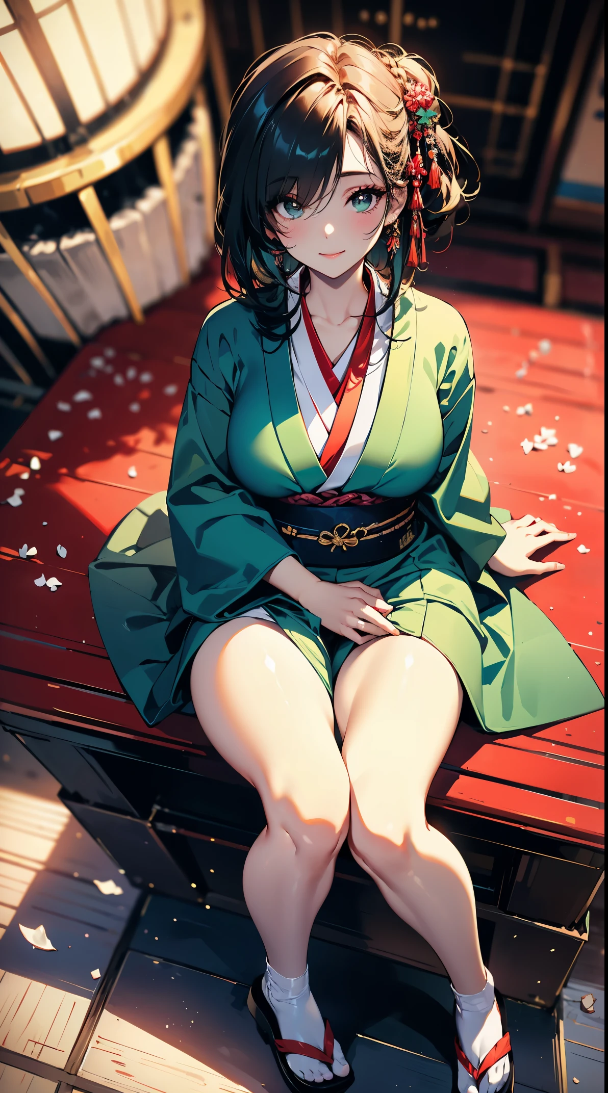 (Masterpiece, best quality), (ultra high resolution, 8K RAW photo, photo realistics, textile shading, pale tones, thin outline), araffe matured woman in a kimono, sitting on a bed with hugging a teddy bear, (wearing dark green silk robes), (dark green hanfu:1.2), (wearing japanese kimono:1.2, traditional japanese, japanese clothes), (classy yukata clothing), wearing a haori, (matured woman, milf:1.5, 28 years old, solo), (large breast, sagging breast, big tits, narrow waist, big ass, curvy bodies), (medium hair, hair over one eye, asymmetric hair, low tied braid), (bright pupils, detailed eyes, high detailed face), eye rush, (smileing, shamed), (looking down:1.3), (dynamic angle, from above), (correct anatomy:1.5, correct hands), (ideal ratio of body proportions),
