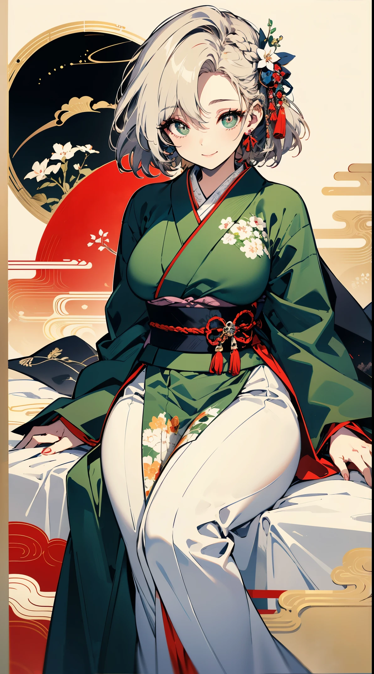 (Masterpiece, best quality), (ultra high resolution, 8K RAW photo, photo realistics, textile shading, pale tones, thin outline), araffe matured woman in a kimono, sitting on a bed with hugging a teddy bear, (wearing dark green silk robes), (dark green hanfu:1.2), (wearing japanese kimono:1.2, traditional japanese, japanese clothes), (classy yukata clothing), wearing a haori, (matured woman, milf:1.5, 28 years old, solo), (large breast, sagging breast, big tits, narrow waist, big ass, curvy bodies), (medium hair, hair over one eye, asymmetric hair, low tied braid), (bright pupils, detailed eyes, high detailed face), eye rush, (smileing, shamed), (looking down:1.3), (dynamic angle, from above), (correct anatomy:1.5, correct hands), (ideal ratio of body proportions),