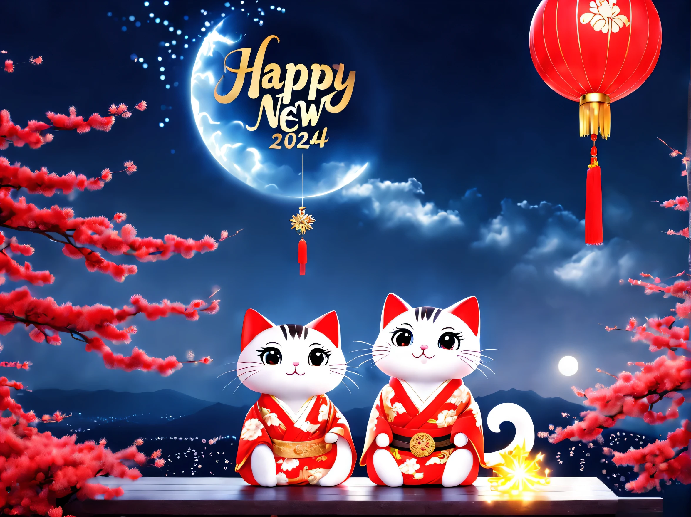 (word logo "Happy New Year 2024":1.3), red and white glow metal plate, Full body, Very cute, I am wearing a New Year kimono., Cute round big eyes, Expressed with cat effect art, I don't know what to say, time flow, Because it's too nice, I can't honestly say I love you, sad heart, The sky is crying instead, become your wings, Wrapped in a soft breeze, we remain two strangers, Impeccable quality, Captivating quality, very extremely beautiful, A hyper-realistic, with semi-transparent scroll, skeuomorphism, cloud shaped cushion, Charming new year atmosphere asterism background details, around dark fantasy relief, (multivariant:1.3), (rayonism:1.3), matte painting, true masterpiece, Masterpieces of detail, Masterpiece super illustration, High contrast, Tonal contrast, cinematic still, Cinematic Angle, Cinematic lighting, Amazing location dark fantasy sky background details,