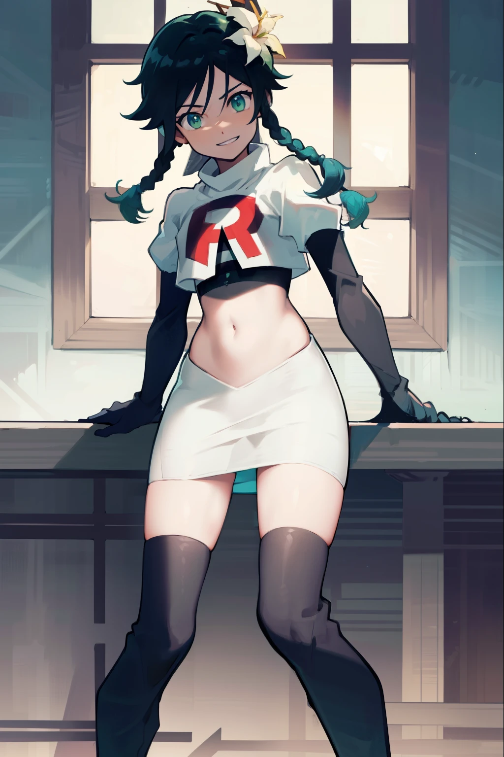 absurdres,venti,1boy, male focus, trap,black hair, green-blue hair, hair braid,hair flower,aqua green eyes,crossdressing,1boy,team rocket,team rocket uniform,white skirt,red letter R,crop top,black thigh-high boots,black elbow gloves, smile, show teeth