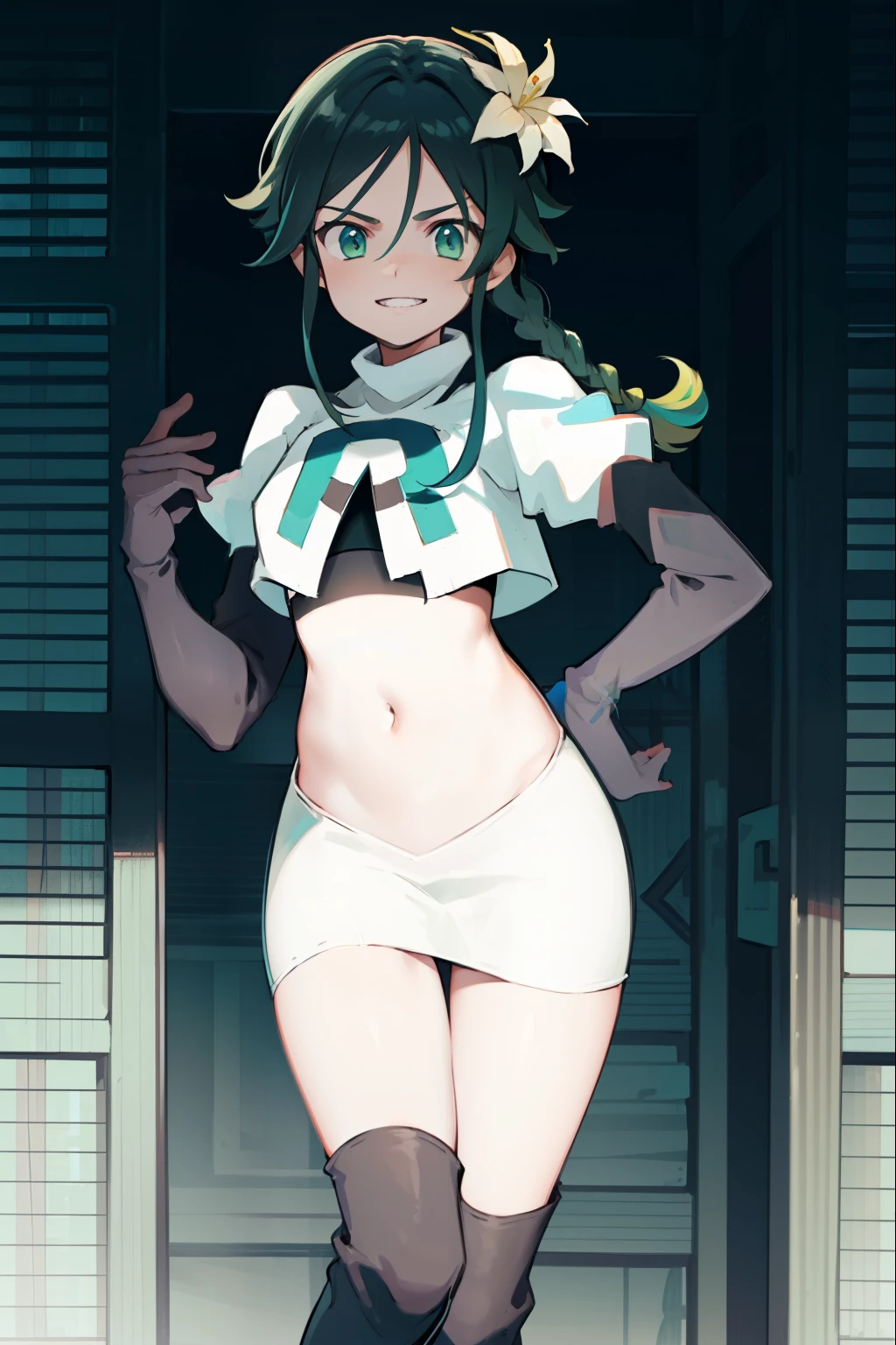 absurdres,venti,1boy, male focus, trap,black hair, green-blue hair, hair braid,hair flower,aqua green eyes,crossdressing,1boy,team rocket,team rocket uniform,white skirt,red letter R,crop top,black thigh-high boots,black elbow gloves, smile, show teeth