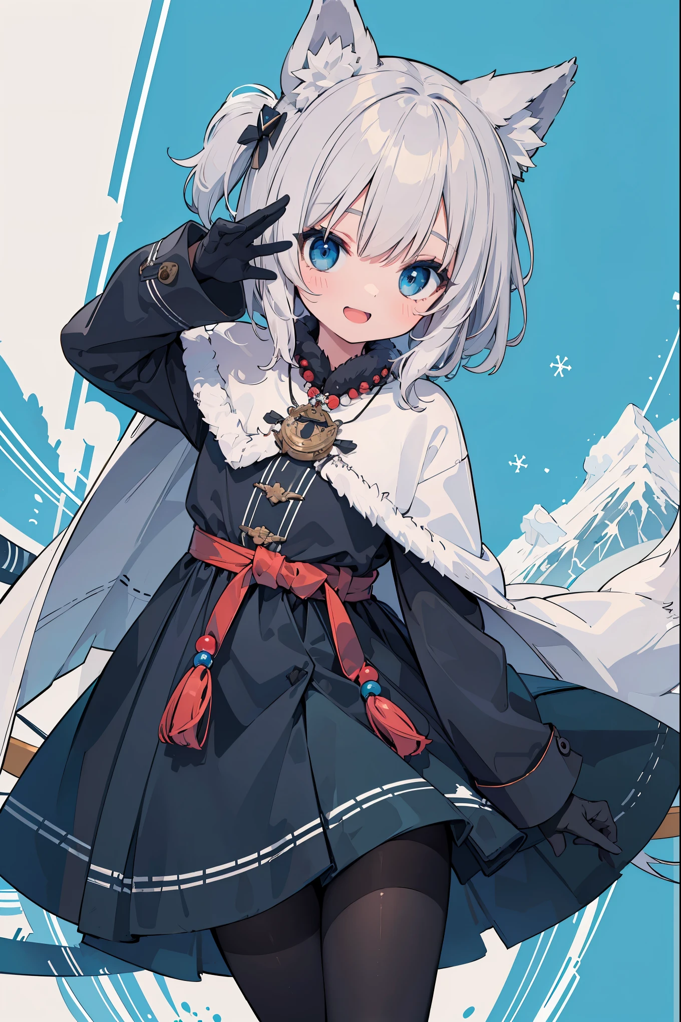 (masterpiece:1.2), best texture, sharpness lines, smoothly lines, 1girl, solo, cowboy shot, dutch angle, (li:1.2), short heights, grey hair, wolf ears, hair ornament, cute face, blue eyes, cheerful smile, open mouth, looking at viewer,
best quality, beads necklace, layrer up, fur-trimmed cloak, indigenous desinged embroidery, traditional symbolism, winter coat, tribal patterns, intricate design, (black inner:1.2), fur-trimmed sleeves, black gloves, up arms, craw pose, standing on one leg, (black pantyhose:1.2), white wolf tail, BREAK
(super detailed:1.2), absurdres absolutely resolution, (Alaska:1.2), Arctic heritage, blue theme, abstract background, winter decoration, winter symbols,