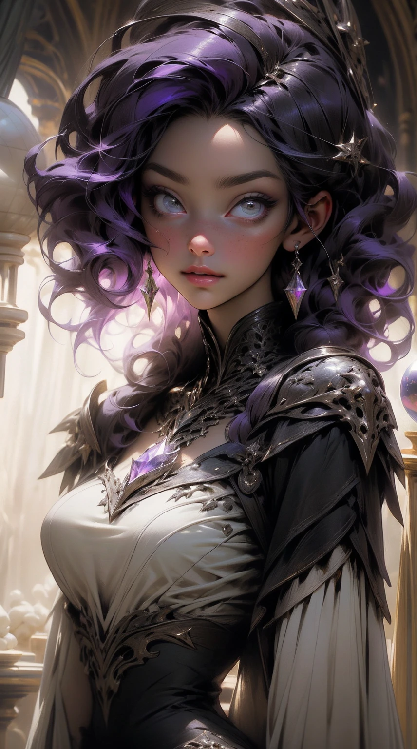 {-erro_de_anatomia:1.0}(Masterpiece - Ultra-Detailed, High Resolution) a woman, beautiful dark sorceress, medium hair, purple hair, cordial dress, with a crystal ball in her handsno nudity, large breasts, beautiful body, beautiful face, merciless, close up face, portrait, looking ahead