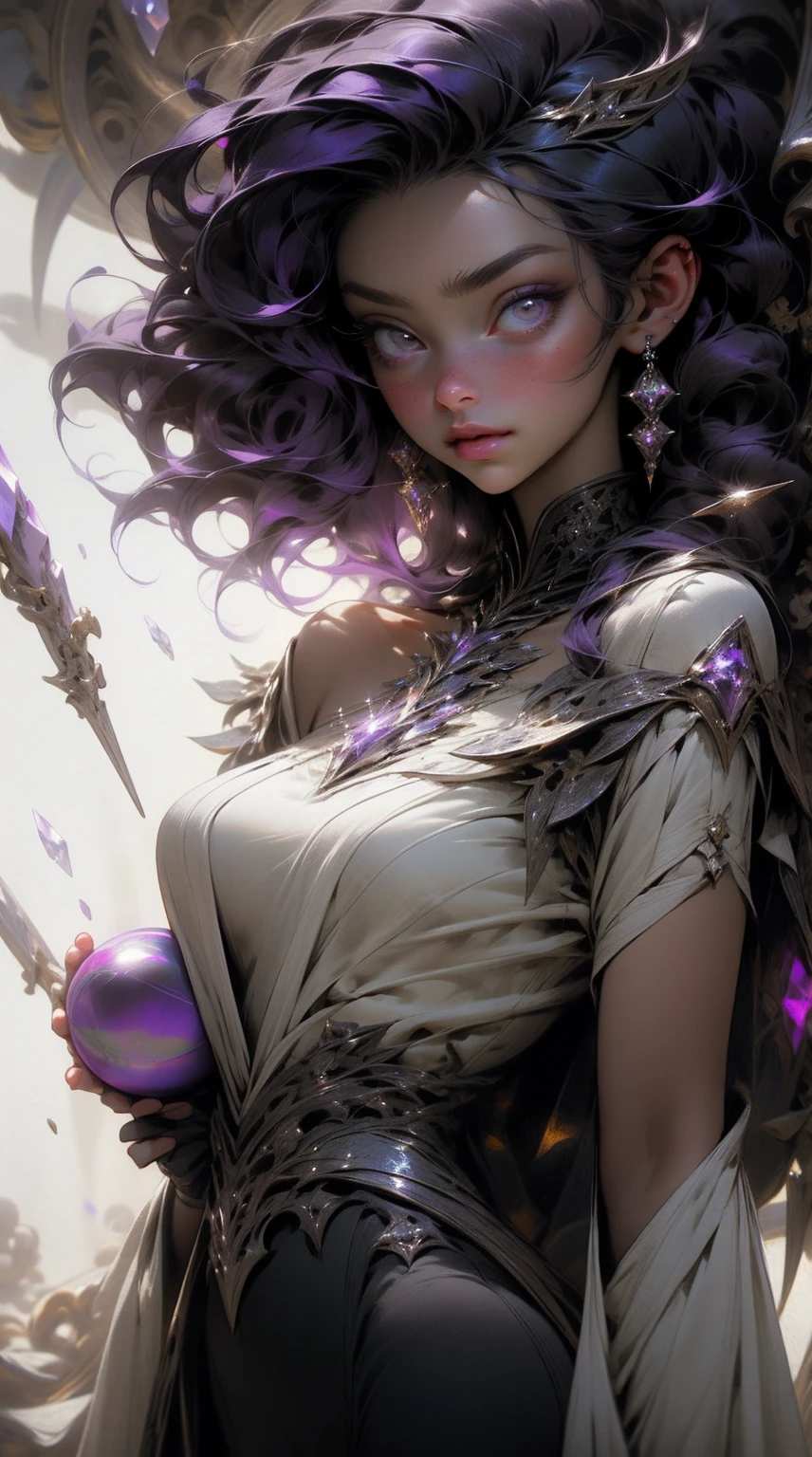 {-erro_de_anatomia:1.0}(Masterpiece - Ultra-Detailed, High Resolution) a woman, beautiful dark sorceress, medium hair, purple hair, cordial dress, with a crystal ball in her handsno nudity, large breasts, beautiful body, beautiful face, merciless, close up face, portrait, looking ahead