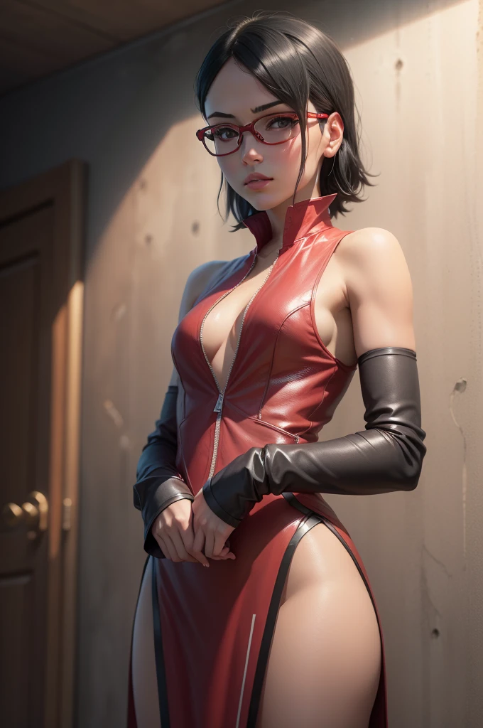 (highres,masterpiece:1.2),ultra-detailed,realistic,professional,beautiful detailed eyes,beautiful detailed lips,dark hair,short black hair,red glasses,stunning black eyes,clear skin,18-year-old girl,fashionable short hairstyle,vibrant red glasses,Shinobi Academy,fierce determination,confident posture,crimson outfit,intense gaze,background filled with ninjutsu techniques,shadows cleverly accentuating her features,subtle studio lighting,sublime realism,striking color tones