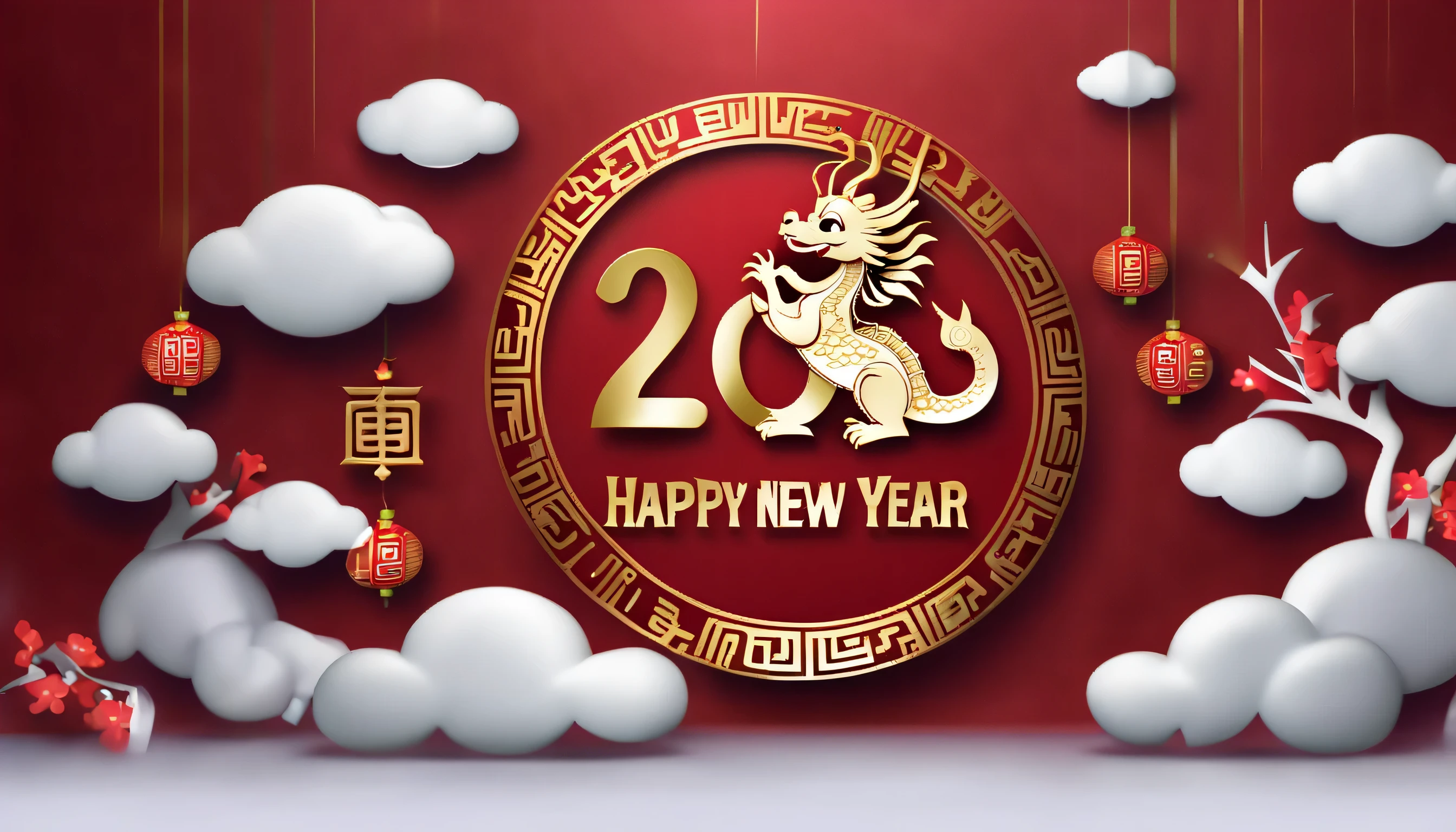 (The word "Happy New Year":1.3), red and white glow metal plate, Full body, very cute chinese dragon, I am wearing a New Year kimono., Cute round big eyes, smooth scale, elaborate scale, perfect mane, Unparalleled freshness, Sitting correctly, bow, unparalleled clarity, Unparalleled freshness clarity, Unparalleled sharpness, ighly detailed, very textured, Very fine detail, Realistic, very sophisticated and cute, Impeccable quality, Captivating quality, very extremely beautiful, ultra Realistic, Happy new year scroll translucent top, gold logo "2024", skeuomorphism, cloud shaped cushion, Charming new year atmosphere asterism background details, around dark fantasy relief,