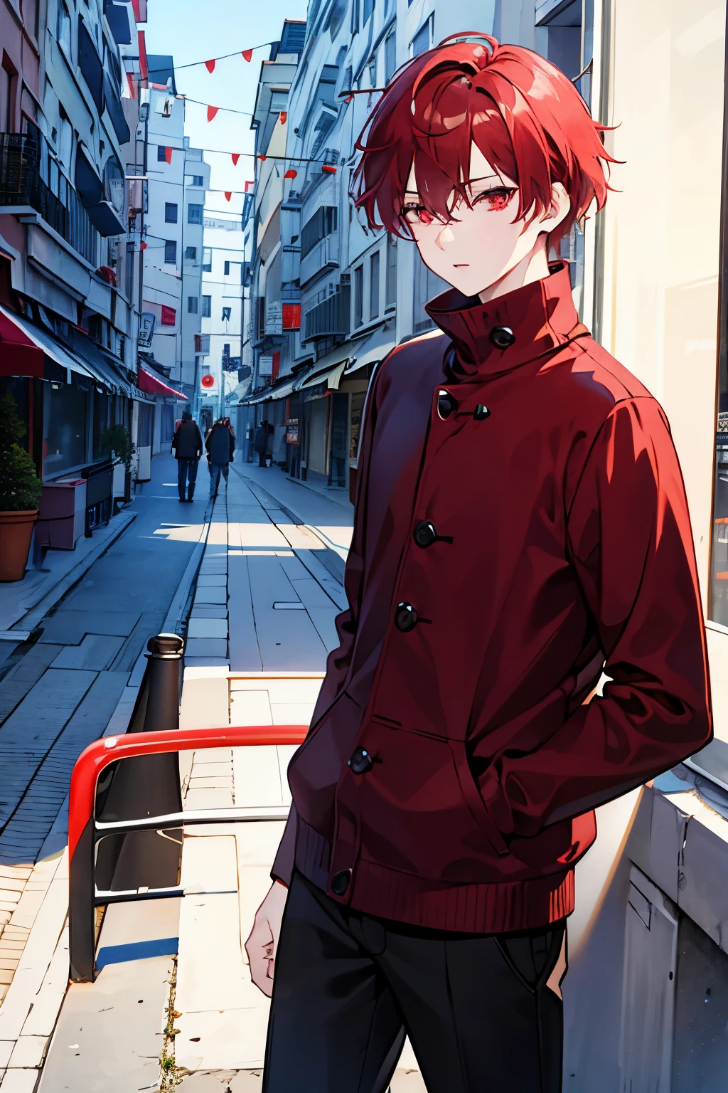 male people red short hair red eyes muffler Sweaters slacks boots street yuki masterpiece Top image quality denoise Clear cinematic shadow Increased attractiveness of the eyes Clear the shine of the eyes Draw eyelashes neatly Perfect Eye A detailed eye Sharpen image quality Sharpen eye writing Clear eye shape