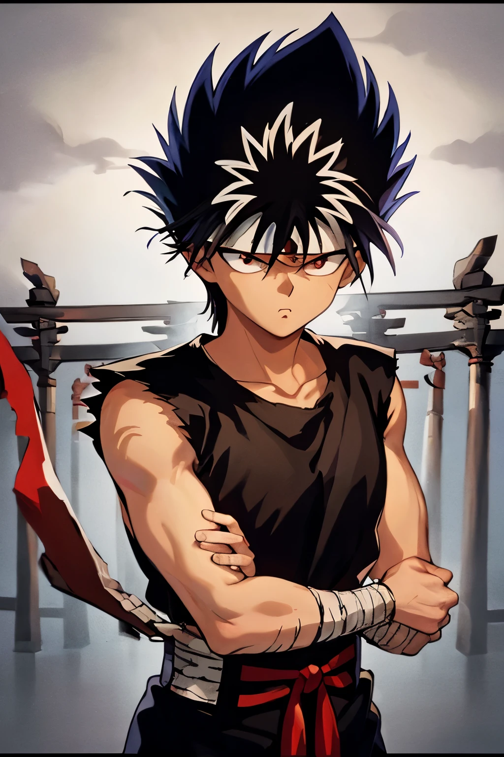 masterpiece, best quality, 1boy, hiei, black hair, white hair, spiked hair, red eyes, headband, bandages, upper body, sleeveless, torn clothes, solo, holding katana sword , ((ancient temple background)),