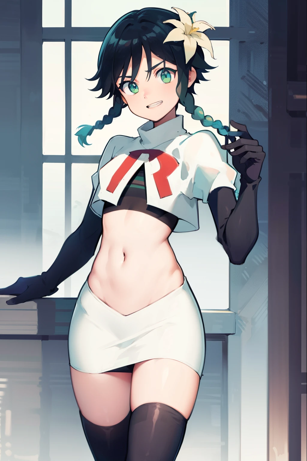 absurdres,venti,1boy, male focus, trap,black hair, green-blue hair, hair braid,hair flower,aqua green eyes,crossdressing,1boy,team rocket,team rocket uniform,white skirt,red letter R,crop top,black thigh-high boots,black elbow gloves, smile, show teeth