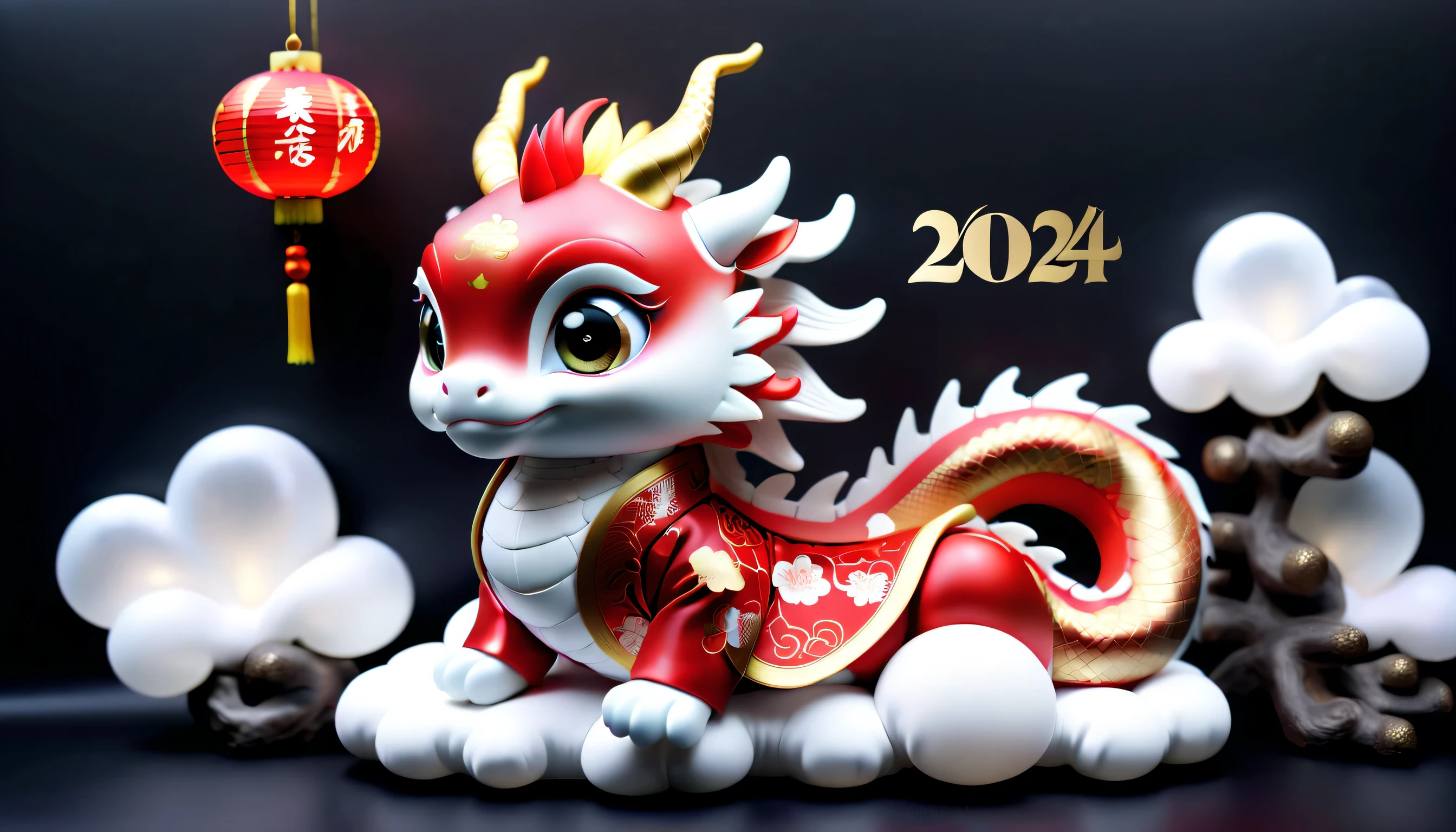The word "2024" red with white sparkle, Full body, very cute chinese dragon, I am wearing a New Year kimono., Cute round big eyes, smooth scale, elaborate scale, perfect mane, Unparalleled freshness, Sitting correctly, bow, unparalleled clarity, Unparalleled freshness clarity, Unparalleled sharpness, ighly detailed, very textured, Very fine detail, Realistic, very sophisticated and cute, Impeccable quality, Captivating quality, very extremely beautiful, ultra Realistic, translucent Happy New Year scroll with in The word "Happy New Year", skeuomorphism, cloud shaped cushion, Charming new year atmosphere asterism background details, around dark fantasy relief,