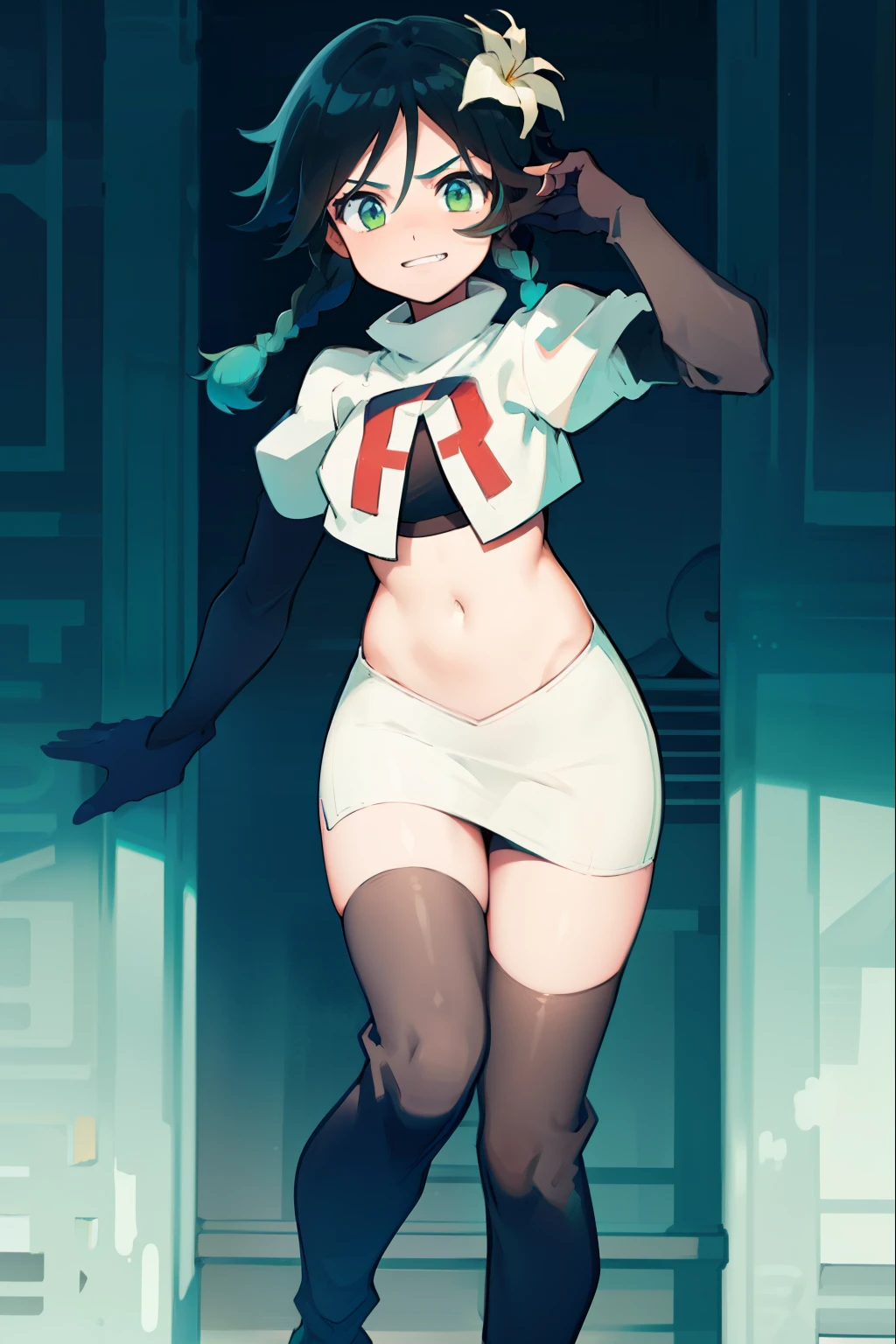 absurdres,venti,1boy, male focus, trap,black hair, green-blue hair, hair braid,hair flower,aqua green eyes,crossdressing,1boy,team rocket,team rocket uniform,white skirt,red letter R,crop top,black thigh-high boots,black elbow gloves, smile, show teeth