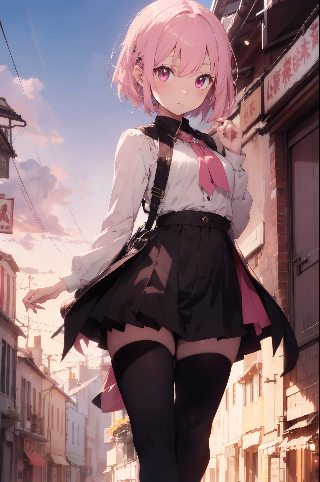 masterpiece, best quality, ultra-detailed, 1girl, pink hair, short hair, ((blunt bangs)), flipped hair, (jitome), blue eyes, Medium chest、slim、Cowboy Shot、looking around 、Street Corner、BREAK, (visual-kei, v-Kei:1.0), (black (oversized baggy:1.2) long sleeve t-shirt:1.2) with a (tattered elongated long sleeve), (tucked out:1.4),BREAK, (black knee-high:1.5), ( baggy boots), (black checkered mini skirt:1.5), (many silver accessories, necklaces:1.2), ((from behind:1.3)), from below, ((hip focus:1.3))
