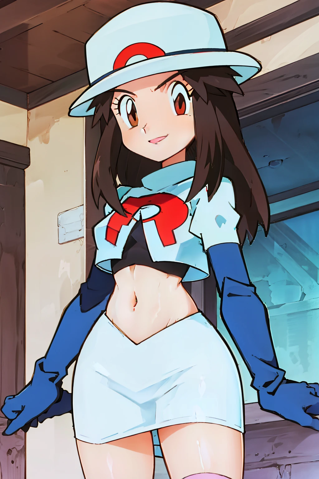 leaf \(pokemon\), hat ,brown eyes ,glossy lips ,team rocket,team rocket uniform, red letter R, white skirt,white crop top,black thigh-high boots, black elbow gloves , looking at viewer, evil smile