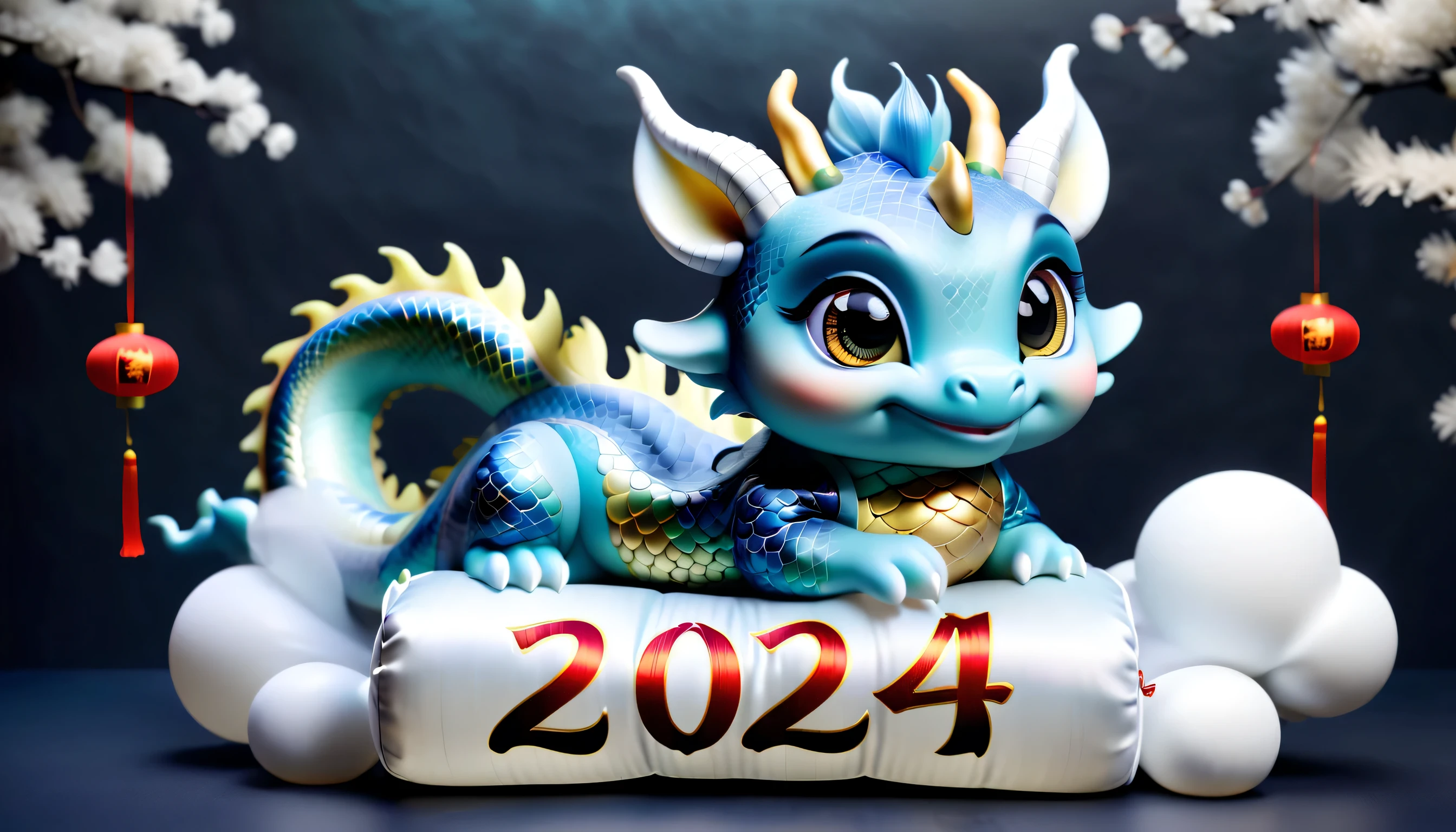 Full body, very cute chinese dragon, I am wearing a New Year kimono., Cute round big eyes, smooth scale, elaborate scale, perfect mane, Unparalleled freshness, Sitting correctly, bow, unparalleled clarity, Unparalleled freshness clarity, Unparalleled sharpness, ighly detailed, very textured, Very fine detail, Realistic, very sophisticated and cute, Impeccable quality, Captivating quality, very extremely beautiful, ultra Realistic, translucent Happy New Year scroll with the word "2024" And "Happy New Year", skeuomorphism, cloud shaped cushion, Charming new year atmosphere asterism background details, around dark fantasy relief,