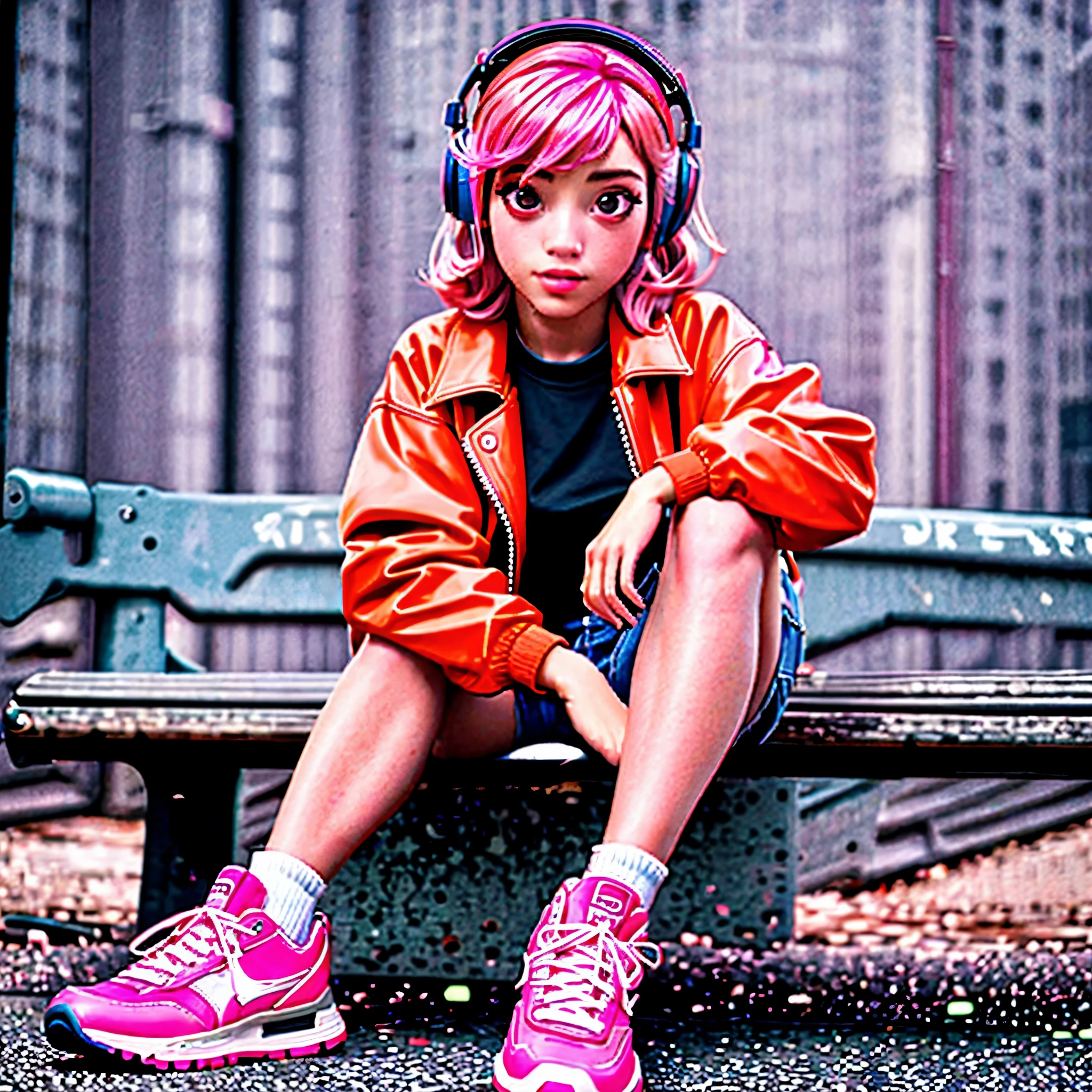 ((Best quality)), ((masterpiece)), ((realistic)) and ultra-detailed photography of a 1nerdy girl with neon headphones,araffe sitting on a bench with pink hair and white sneakers,urban girl,She has ((pink hair)), is wearing an orange techwear jacket, and exudes a ((beautiful and aesthetic)) vibe.