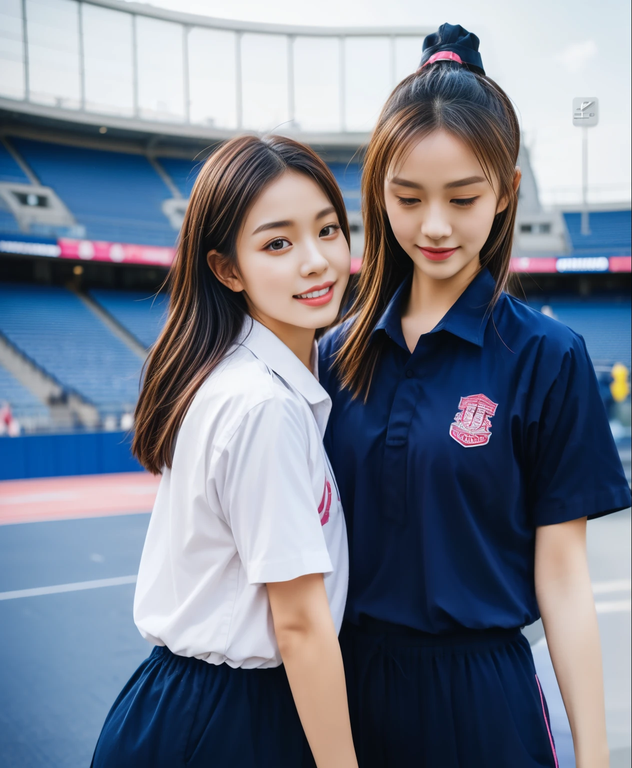 (bestquality,10,10,highres,masterpiece:1.2),ultra-detail,(Realistic,ภาพRealistic,photo-realistic:1.37),1 Cute girl in the football field,oily shiny skin,bara,light smile,BDclothelue shirt:1.3)),short sleeves,shirt, trousers.,(navy_long_ติดตามtrousers:1.1), ((Stadium Background:1.3)),dynamic angle,excited,face focus,Dynamic Poses,from behide,Ass Focus,masterpiece, bestquality, ultra realistic, hyper-detail, 8k resolution, RAW photo, crisp focus, ((Navy blue shirt:1.1)), short sleeves, เส้นทางlong, Complete bodyแบบ, 2 mature women, 18yo, cinematic light,trousersวอร์มสีน้ําเงิน,Gymware,Correct anatomy,Complete body, Correct body, sharp face, Correct bodyทางกายวิภาค, full entire body, Realistic gestures, long-haired, Realistic poses,Wear long shorts..............................,ช่วงขาlong,Shapely,Sculpting Girl, Slender Figure, mannequin mannequins, Shapely, Beautiful body,trousersวอร์มสีน้ําเงิน, Two girls kissing