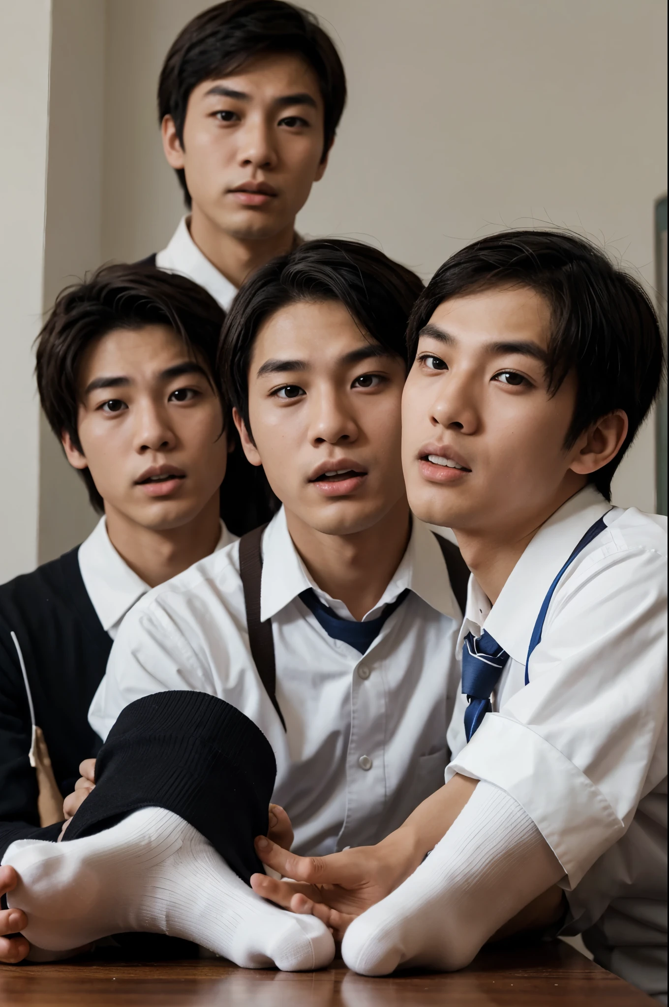 group of young Asian males handsome wearing school uniform and only black socks on Japanese school meanwhile. being possessed by a spirit meanwhile opening his mouth with white eyes differents camera angles feet with smoke