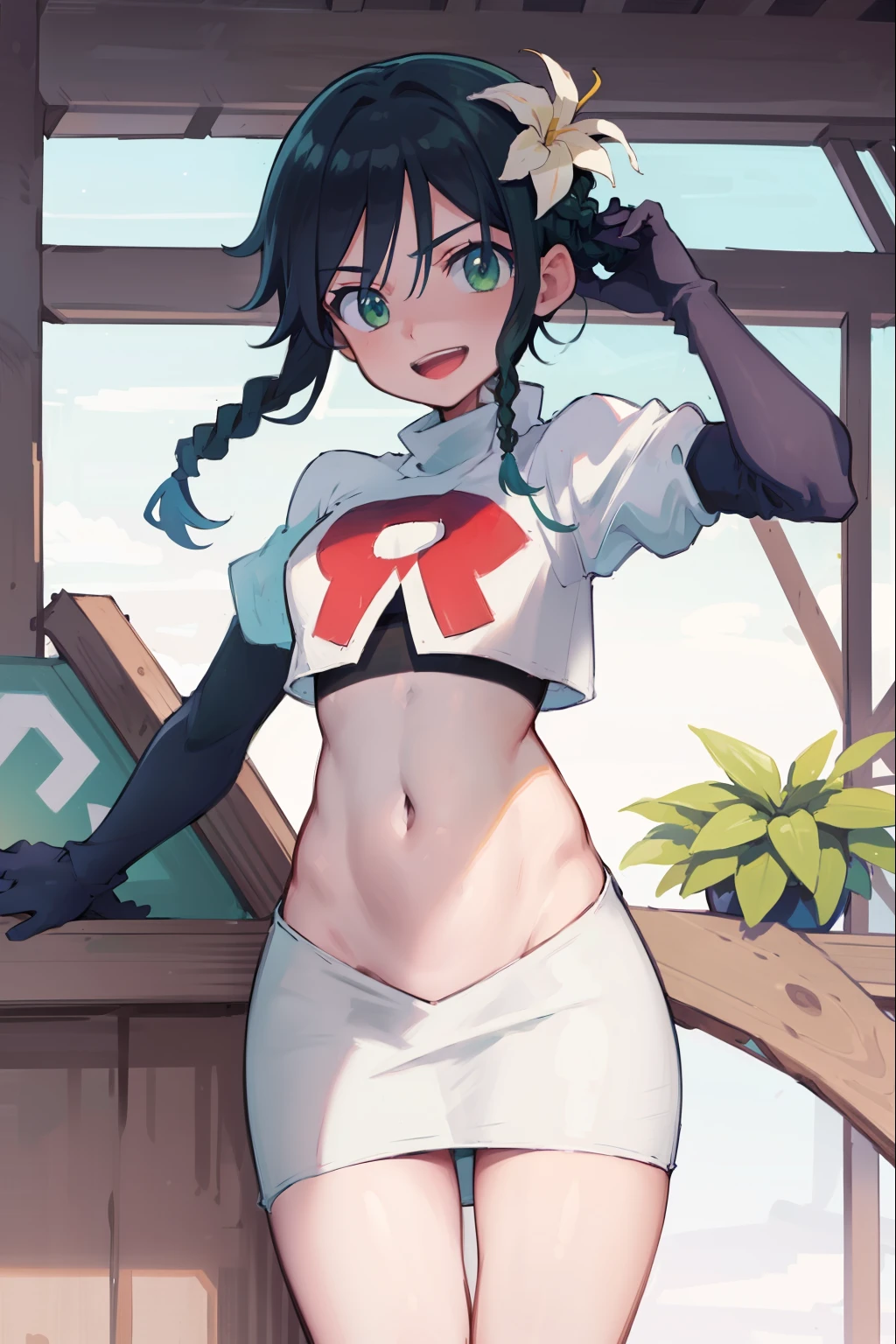 absurdres,venti,1boy, male focus, trap,black hair, green-blue hair, hair braid,hair flower,aqua green eyes,crossdressing,1boy,team rocket,team rocket uniform,white skirt,red letter R,crop top,black thigh-high boots,black elbow gloves, smile, show teeth