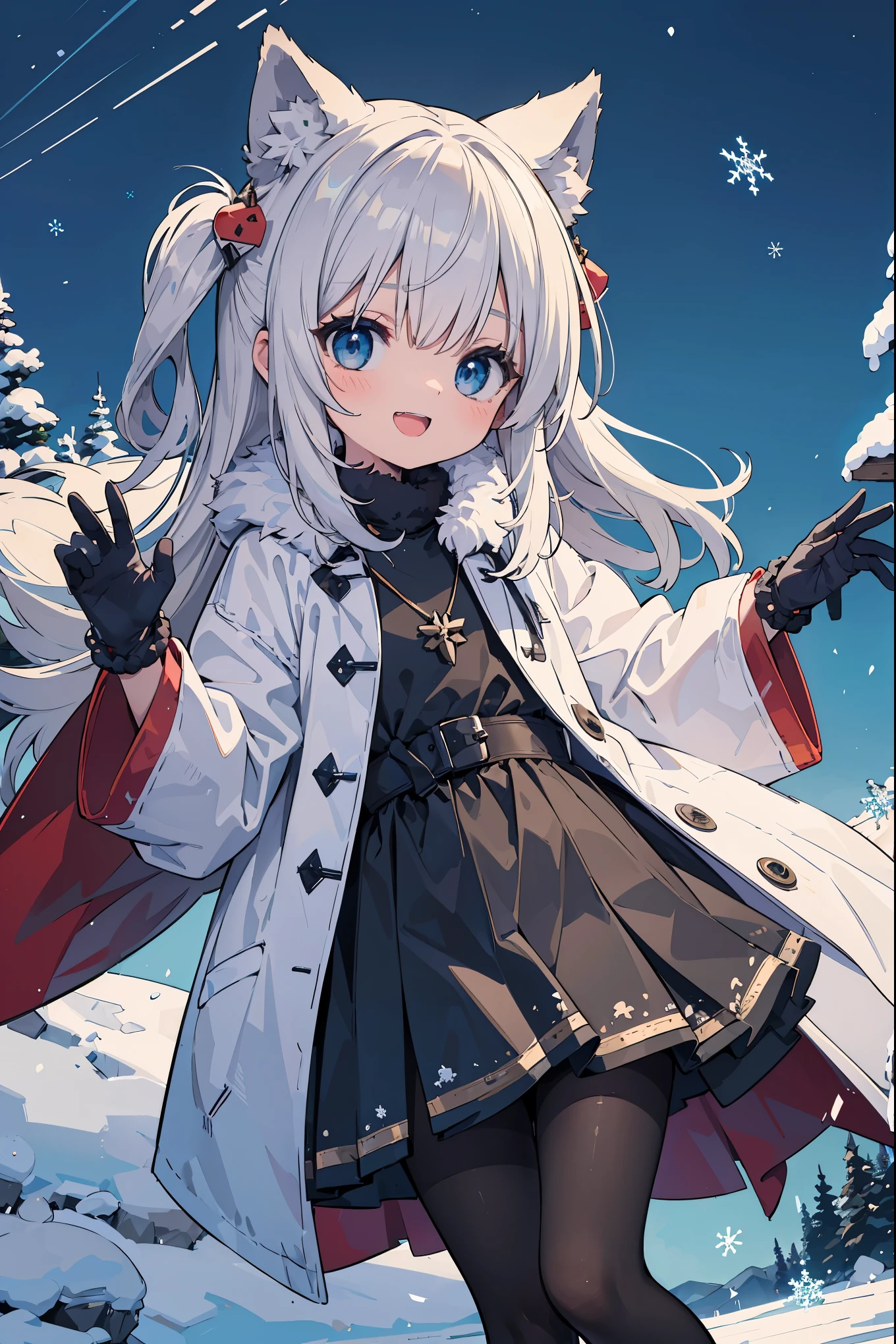 (masterpiece:1.2), best texture, sharpness lines, smoothly lines, 1girl, solo, cowboy shot, dutch angle, (li:1.2), short heights, grey hair, wolf ears, hair ornament, cute face, blue eyes, cheerful smile, open mouth, looking at viewer,
best quality, beads necklace, layrer up, fur-trimmed cloak, indigenous desinged embroidery, traditional symbolism, winter coat, tribal patterns, intricate design, (black inner:1.2), fur-trimmed sleeves, black gloves, up arms, craw pose, standing on one leg, (black pantyhose:1.2), white wolf tail, BREAK
(super detailed:1.2), absurdres absolutely resolution, (Alaska:1.2), Arctic heritage, blue theme, abstract background, winter decoration, winter symbols,