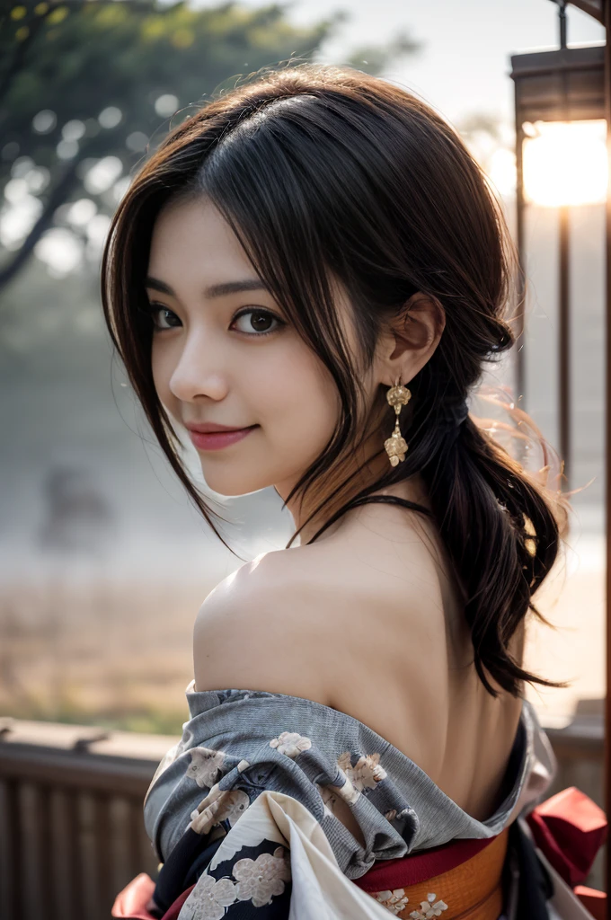 (Photoreal Stick:1.5, masutepiece:1.5, RAW shooting, 8K), (top-quality, ​masterpiece, 超A high resolution), morning, ((Shoot with blur:1.7)), ((fog the lens:1.6)), ((sunrises, Sunlight coming in from behind:1.8, Strong sunlight spreads across the screen:1.8)), ((Strong sunlight shines on a woman:1.9)), ((The entire screen appears white and hazy due to strong sunlight.:1.9)), ((The woman looks blurry due to the strong sunlight:1.9)), Face Sharp Focus:1.3, Professional camera work:1.3, Highly detailed skin and facial texture:1.3, Grow Light Effect, The ultra-detailliert:1.3, 1girl in, Fair skin, (Sense of clarity:1.4, a small face), Extremely beautiful face:1.5, (Sense of clarityを感じる目:0.9, looking distantly), A smile:1.0, i love you completely:0.8, (Slightly open mouth:0.4, Sense of clarityを感じる口当たり:0.7), 二重まぶた, Dark brown medium hair, necklace and earrings, (japanese kimono, off shoulders)