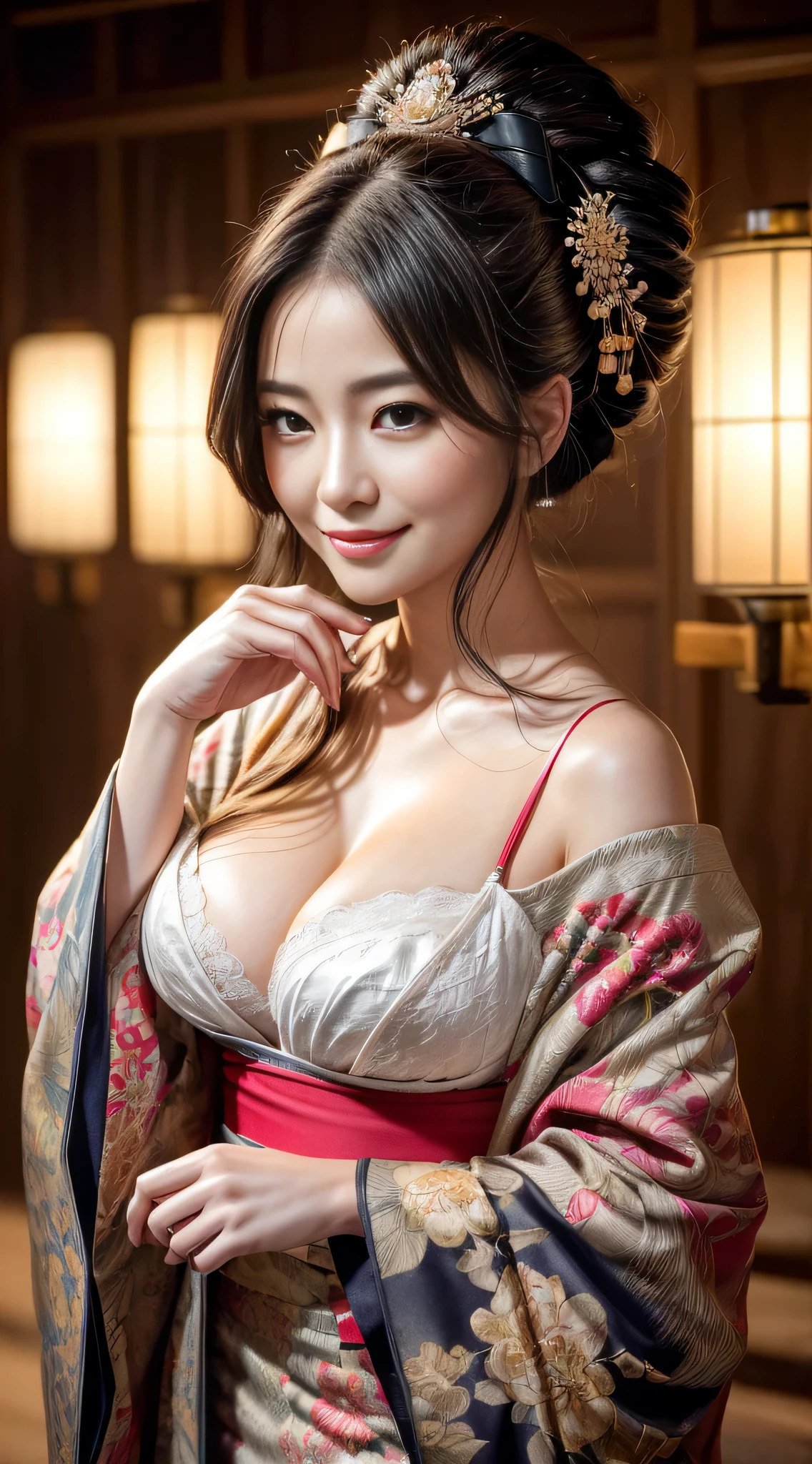 A 23-year-old geisha with sexy, flowing hair, (Photorealistic:Photorealistic, 8K Masterpiece), Short plain kimono with bright neon floral pattern, Against the backdrop of a bright full moon (hyper realisitic:Realistic and intricate details), Smiling: Features, (Texture and detailed atmosphere、Perfect litthing).Colossal tits,Emphasizes cleavage