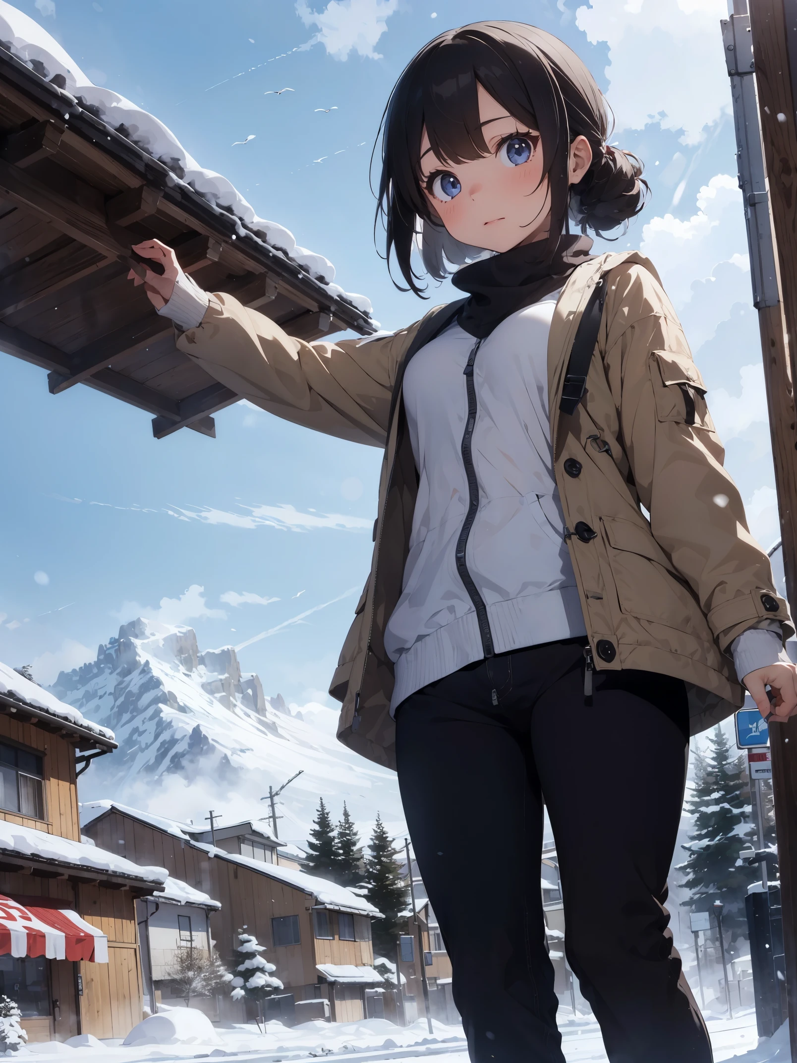 1girl, dawn, clouds, snow mountains, winter, falling snow:1.6, windy, cap, coat , pants (outdoor:1.3), magnificent panorama view