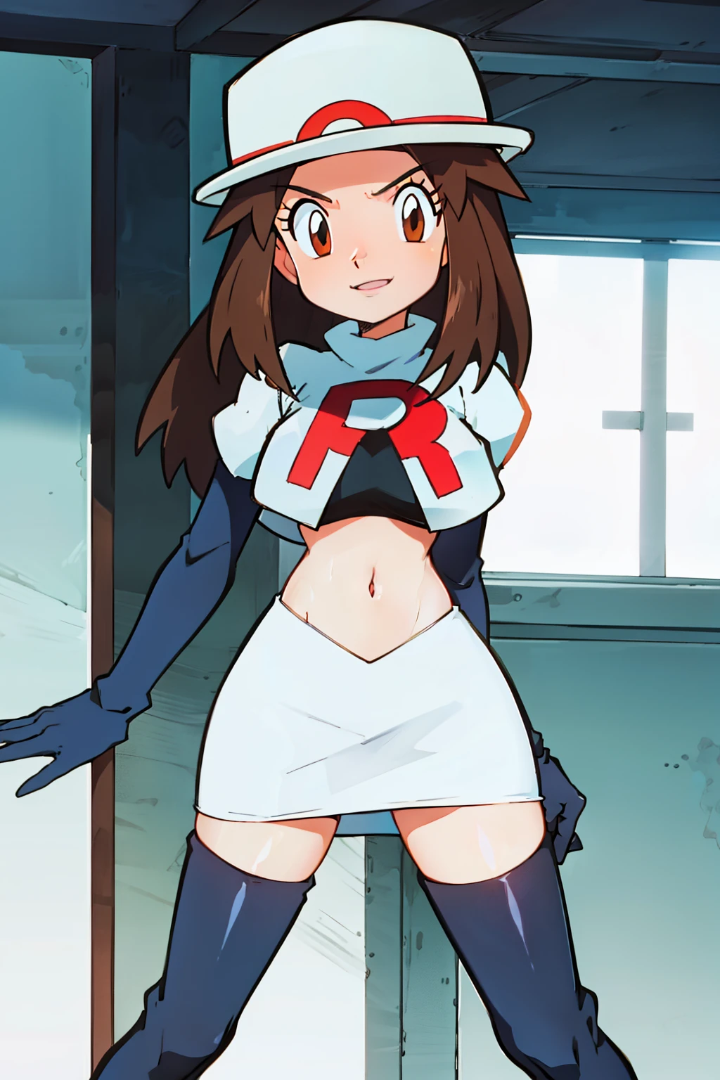 leaf \(pokemon\), hat ,brown eyes, brown hair ,glossy lips ,team rocket,team rocket uniform, red letter R, white skirt,white crop top,black glossy thigh-high boots, glossy black elbow gloves , looking at viewer, evil smile